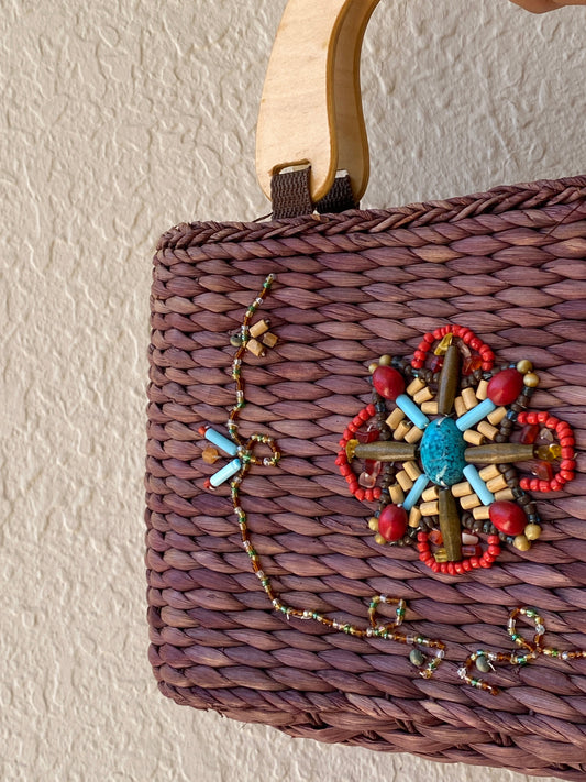 Vintage White Stag Beaded Boho Straw Purse Brown Wood Handle Y2K Brown turquoise Handbag - Balagan Vintage Shoulder Bag 00s, bag, NEW IN, shoulder bag, Y2K