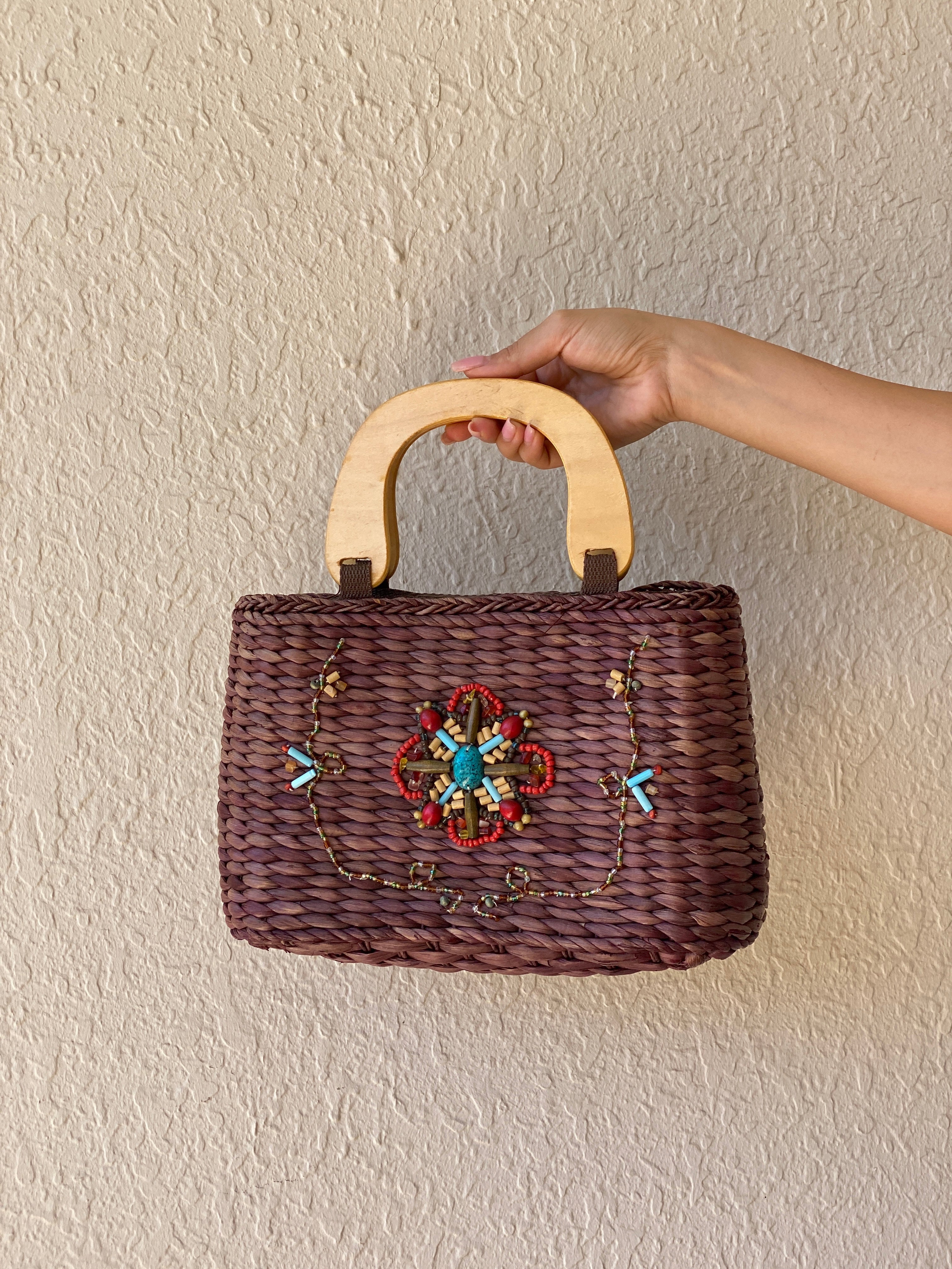 Vintage White Stag Beaded Boho Straw Purse Brown Wood Handle Y2K Brown turquoise Handbag - Balagan Vintage Shoulder Bag 00s, bag, NEW IN, shoulder bag, Y2K