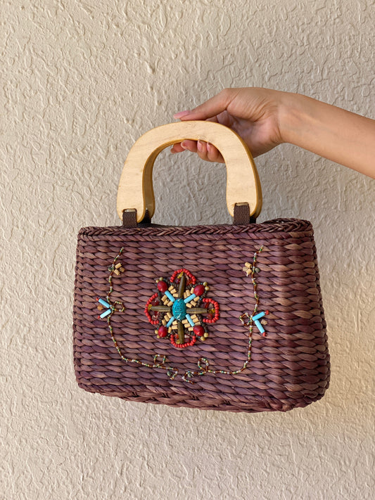 Vintage White Stag Beaded Boho Straw Purse Brown Wood Handle Y2K Brown turquoise Handbag - Balagan Vintage Shoulder Bag 00s, bag, NEW IN, shoulder bag, Y2K