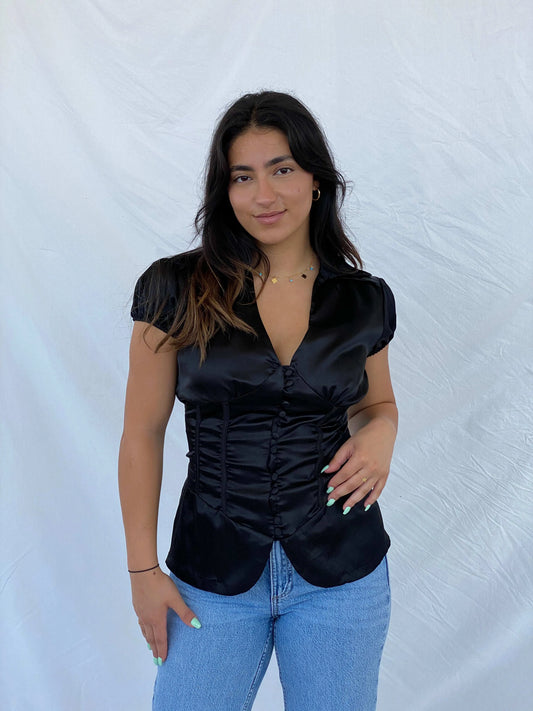 Vintage WME Office Siren Button Up Corset Waisted Satin Shirt - M - Balagan Vintage Half Sleeve Shirt 00s, corset, Lana, Office core, summer