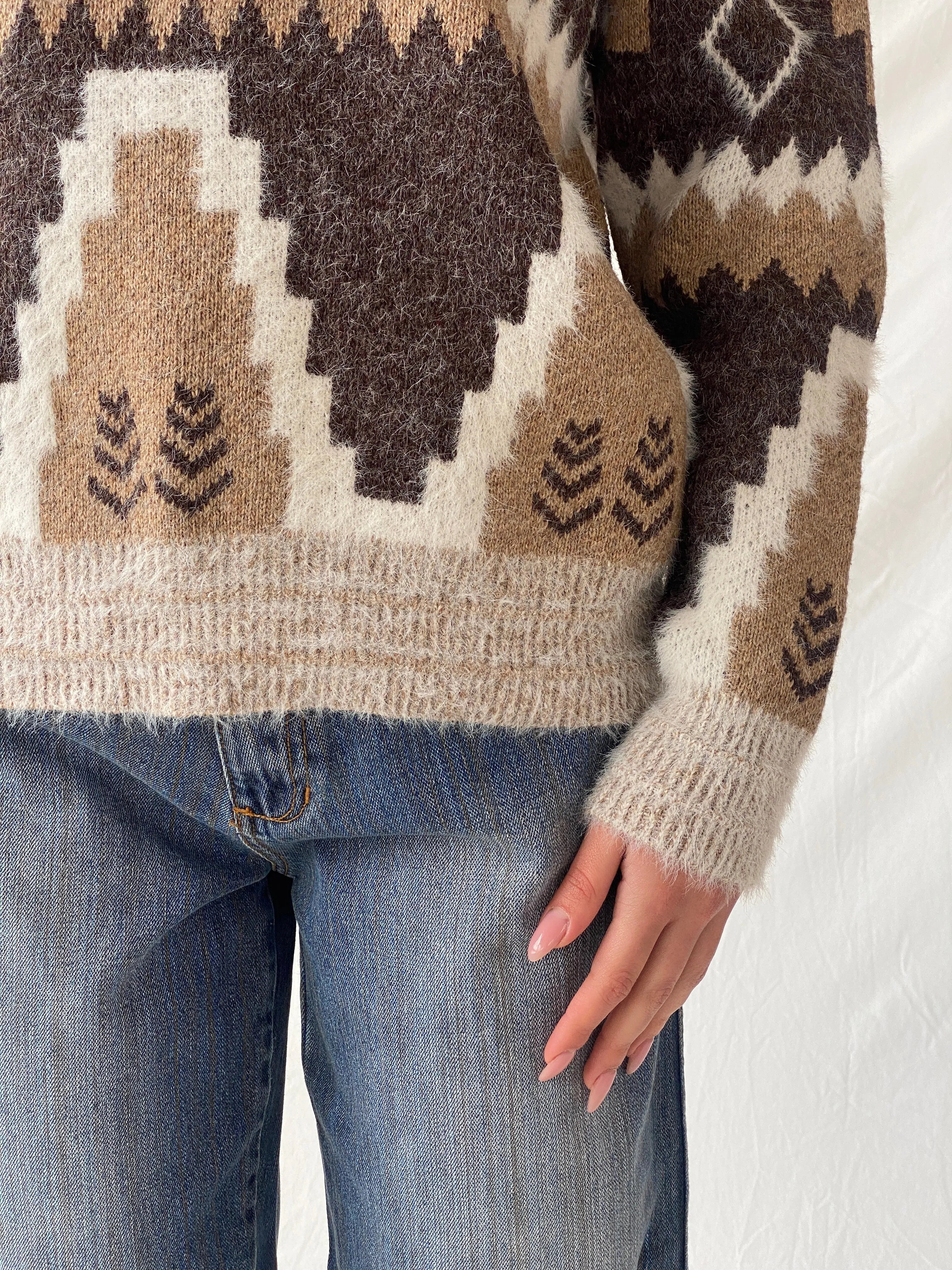 Vintage Wool & Mohair Geometric Icelandic Print V-Neck Handmade Knit Sweater - M - Balagan Vintage Sweater 90s, Christine, knitted sweater, sweater, winter