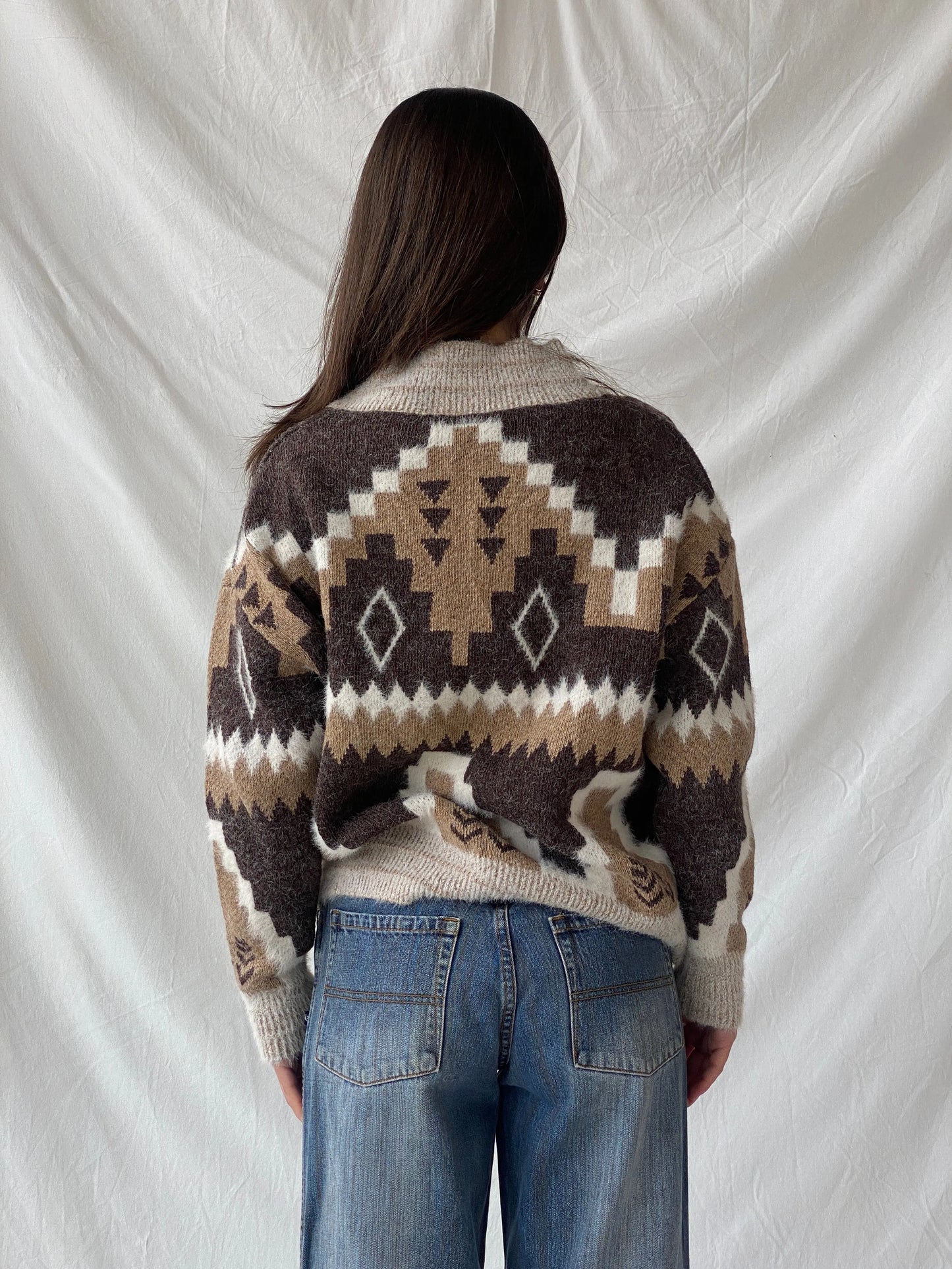 Vintage Wool & Mohair Geometric Icelandic Print V-Neck Handmade Knit Sweater - M - Balagan Vintage Sweater 90s, Christine, knitted sweater, sweater, winter