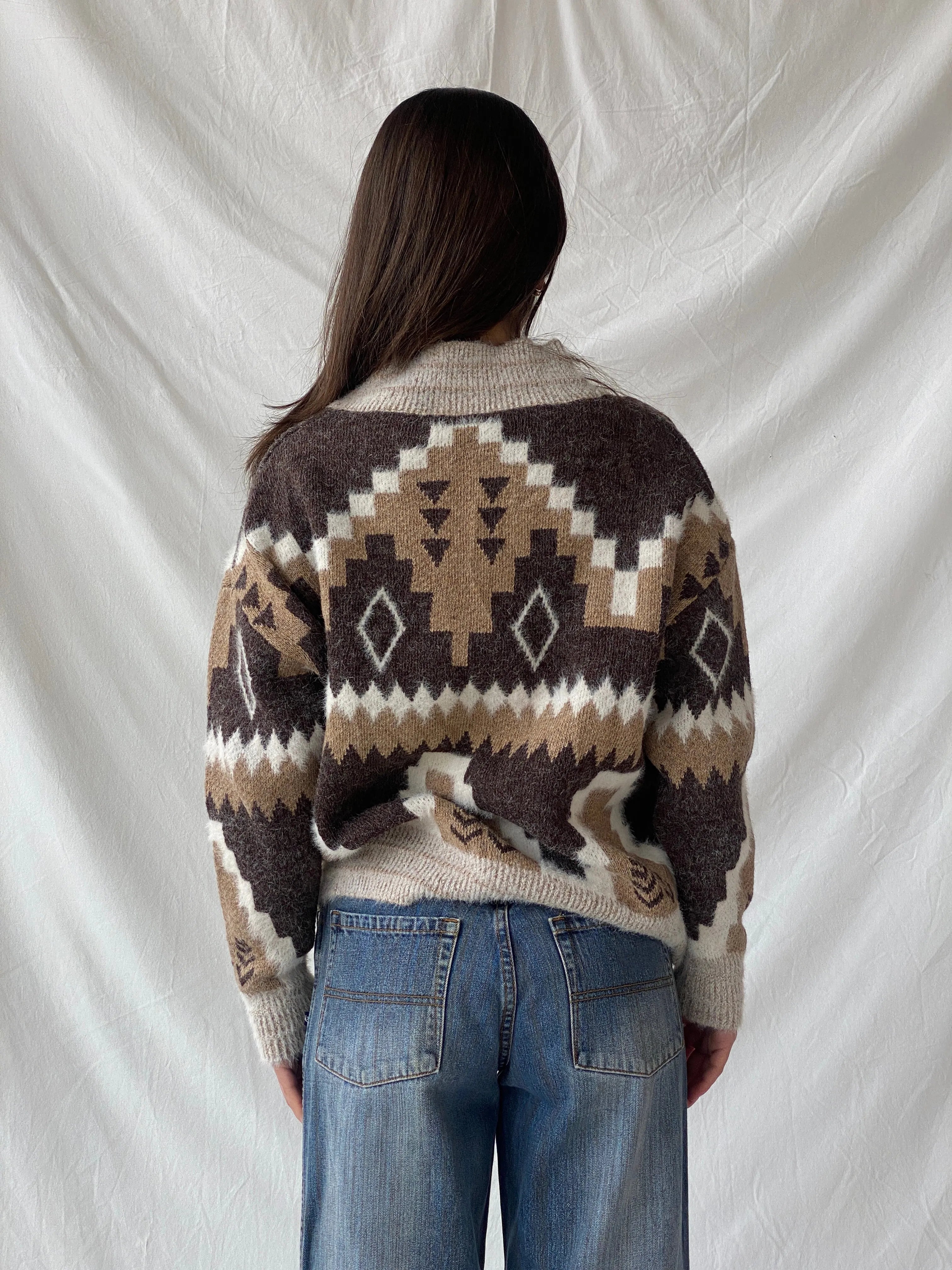 Vintage Wool & Mohair Geometric Icelandic Print V-Neck Handmade Knit Sweater - M - Balagan Vintage Sweater 90s, Christine, knitted sweater, sweater, winter