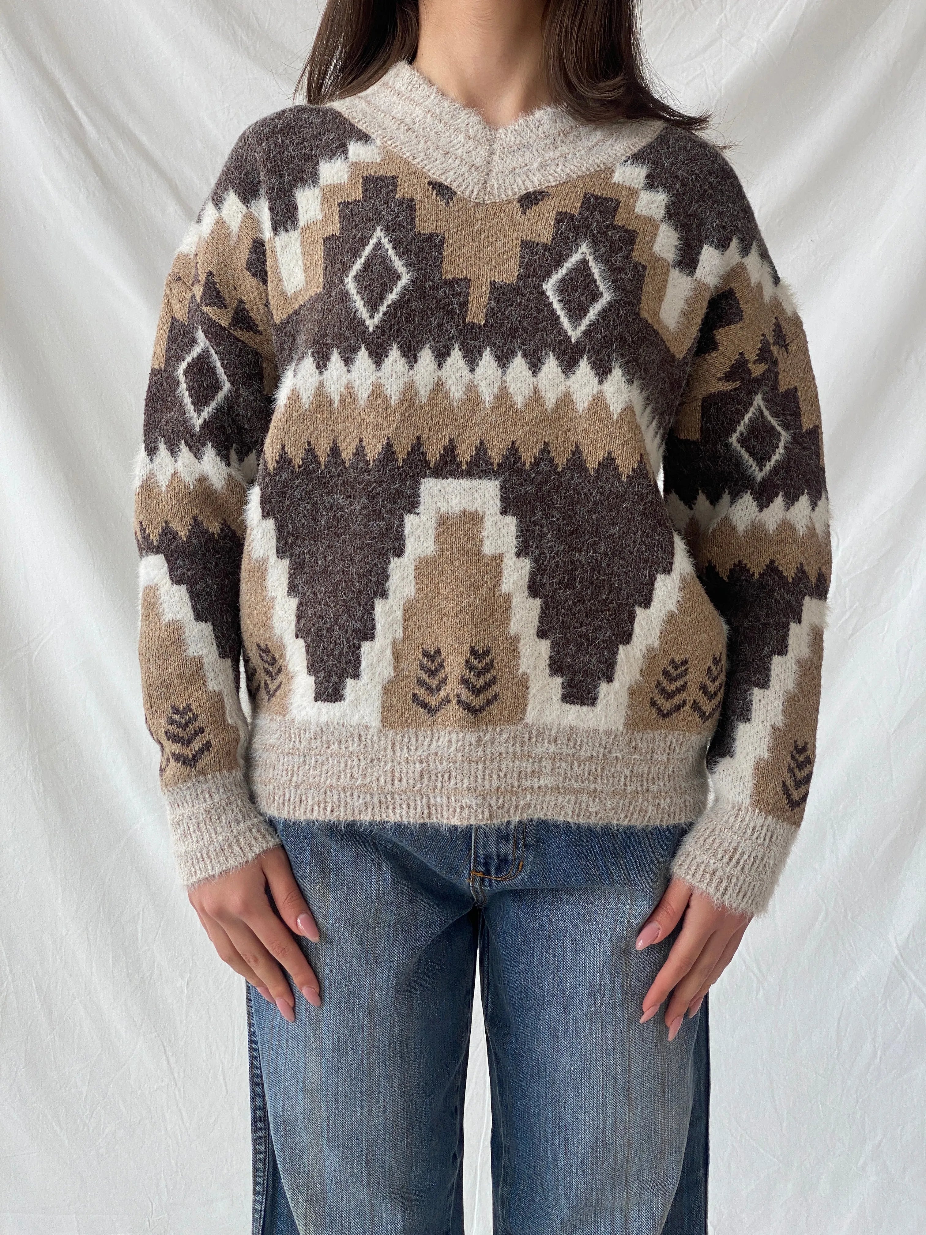 Vintage Wool & Mohair Geometric Icelandic Print V-Neck Handmade Knit Sweater - M - Balagan Vintage Sweater 90s, Christine, knitted sweater, sweater, winter