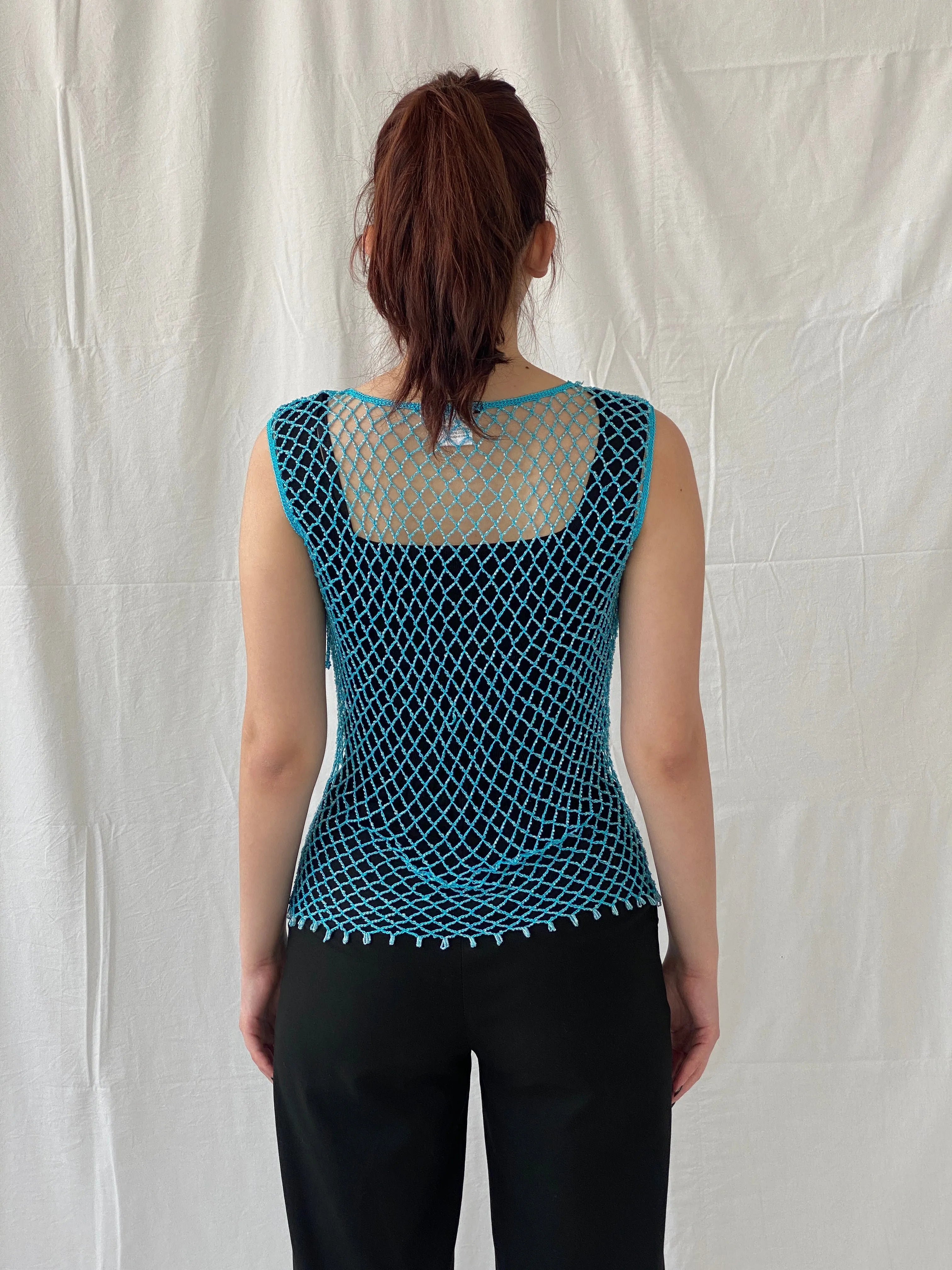 Vintage Y2K 2xtremz Women’s Net Beaded Crochet Blue Top - L - Balagan Vintage Sleeveless Top 00s, Ayah, beaded, Top, women top
