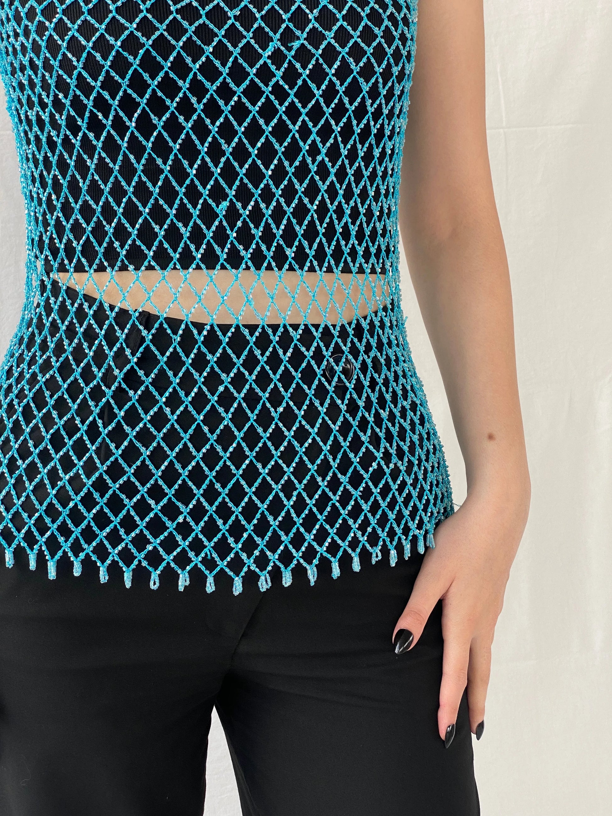 Vintage Y2K 2xtremz Women’s Net Beaded Crochet Blue Top - L - Balagan Vintage Sleeveless Top 00s, Ayah, beaded, Top, women top