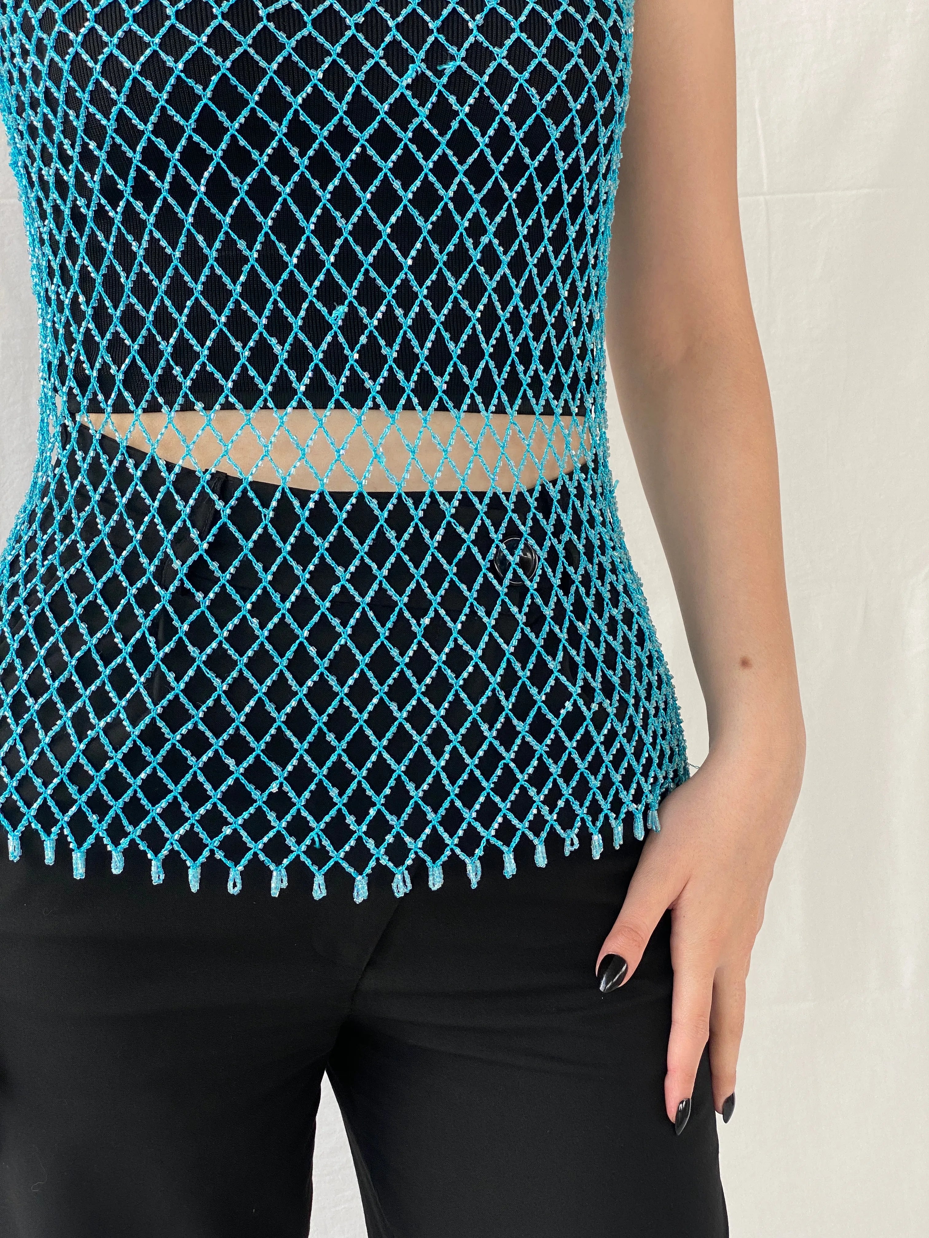 Vintage Y2K 2xtremz Women’s Net Beaded Crochet Blue Top - L - Balagan Vintage Sleeveless Top 00s, Ayah, beaded, Top, women top