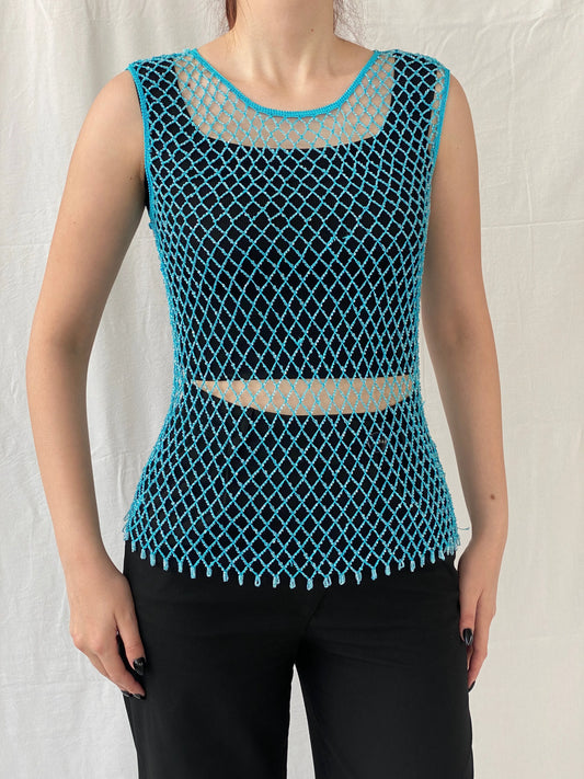 Vintage Y2K 2xtremz Women’s Net Beaded Crochet Blue Top - L - Balagan Vintage Sleeveless Top 00s, Ayah, beaded, Top, women top