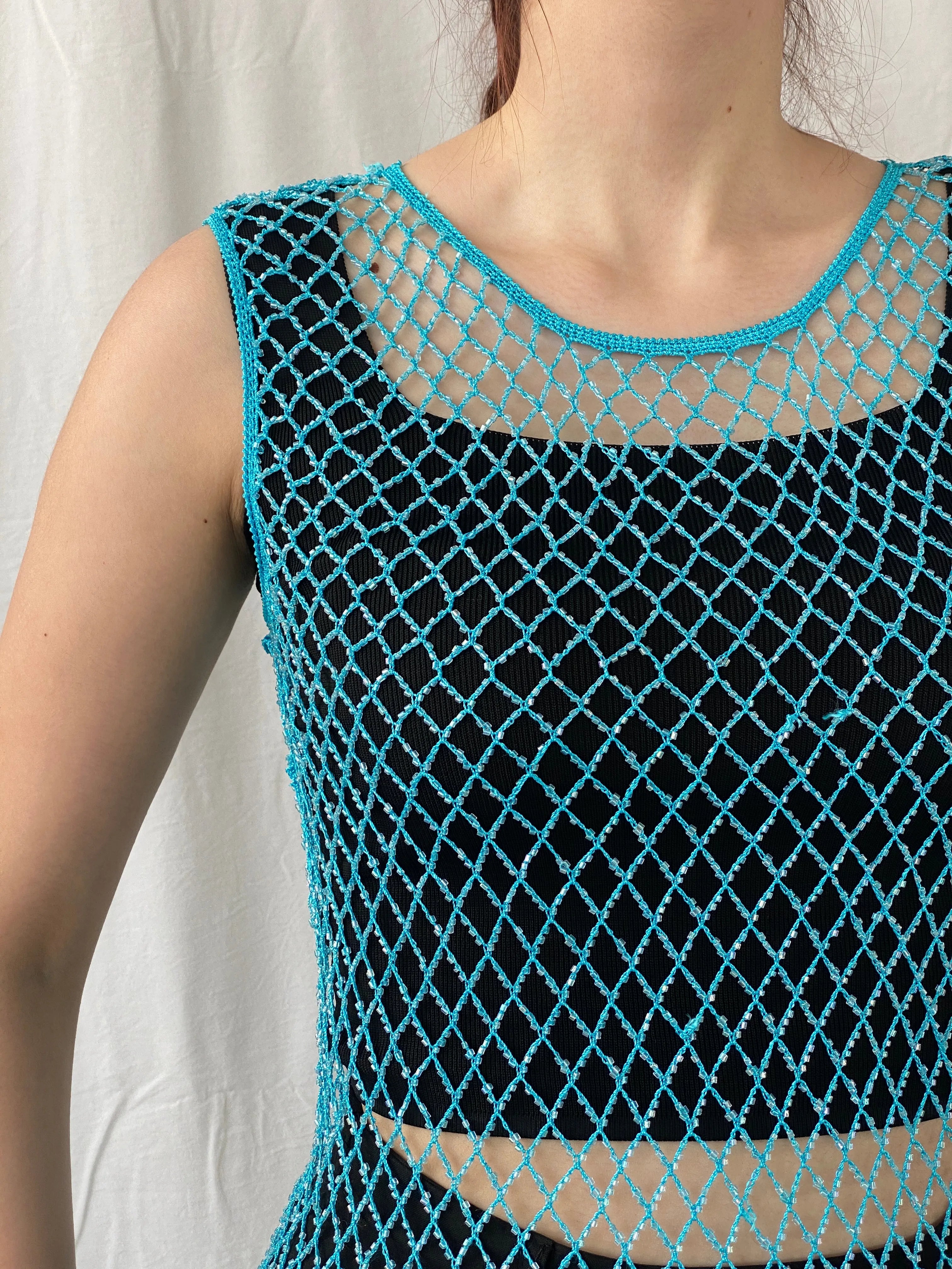 Vintage Y2K 2xtremz Women’s Net Beaded Crochet Blue Top - L - Balagan Vintage Sleeveless Top 00s, Ayah, beaded, Top, women top