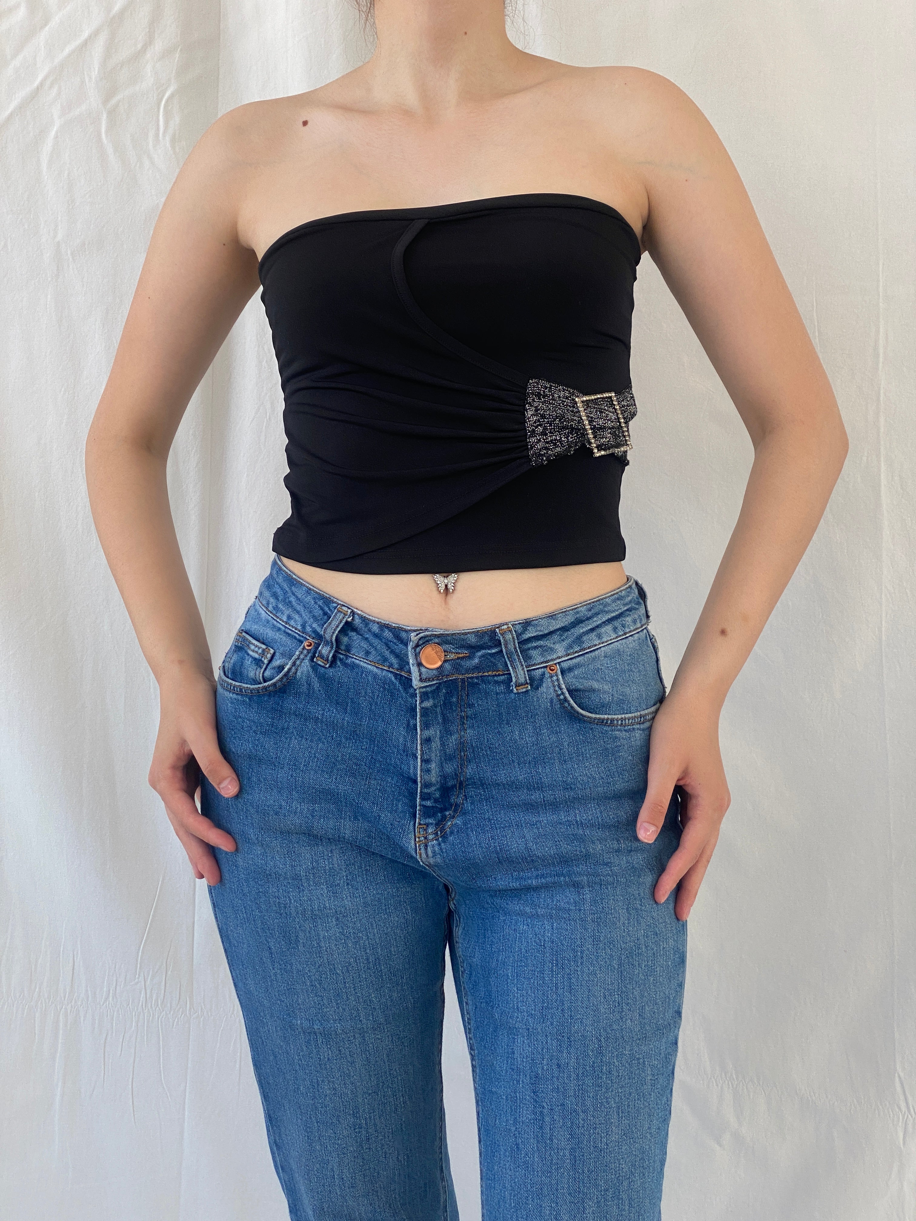 Vintage Y2K Alerte Black Tube Side Buckle Bandeau Top - S - Balagan Vintage Sleeveless Top 00s, Ayah, summer, Tube top, women top