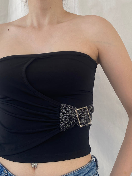 Vintage Y2K Alerte Black Tube Side Buckle Bandeau Top - S - Balagan Vintage Sleeveless Top 00s, Ayah, summer, Tube top, women top