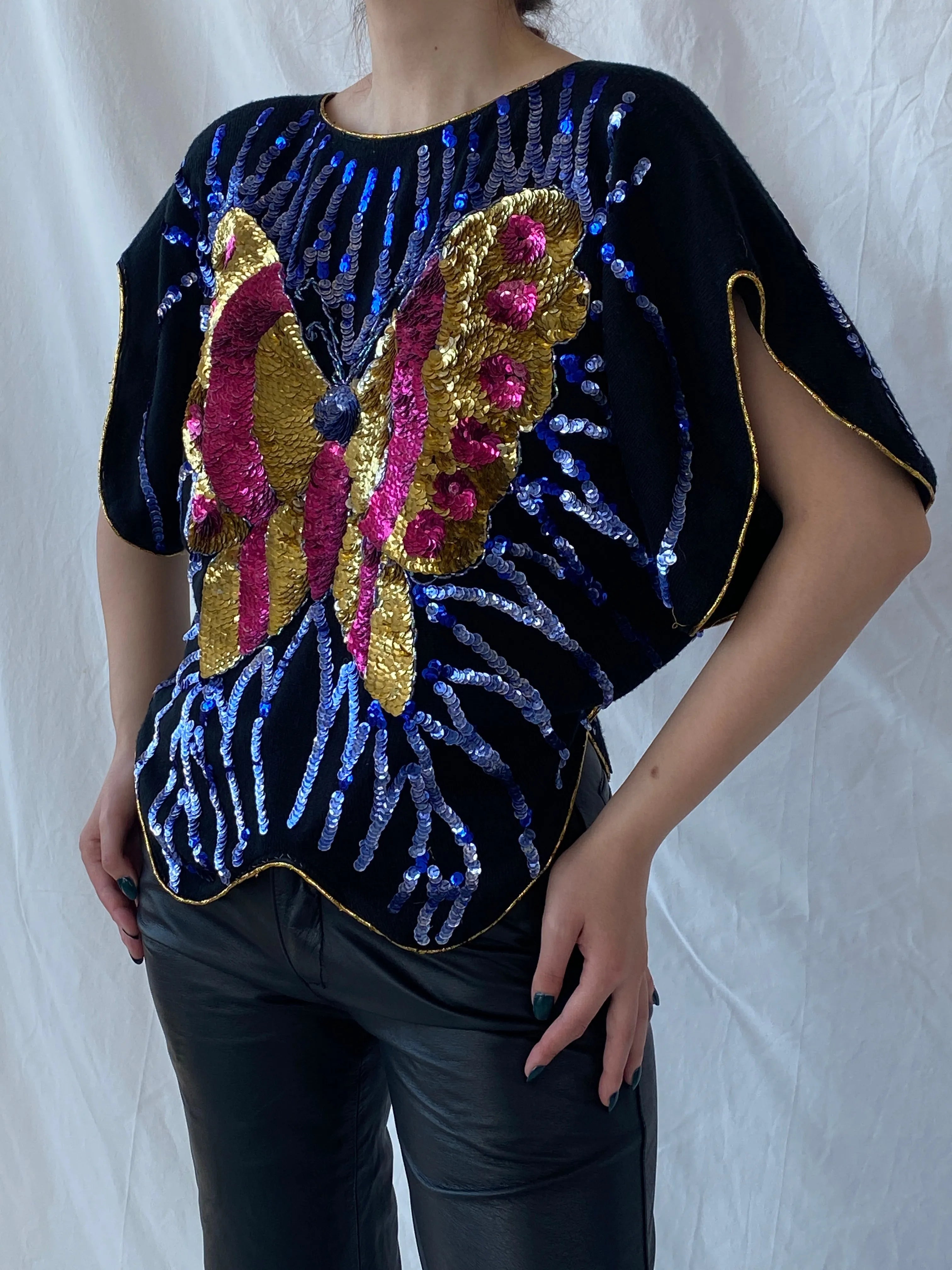Vintage Y2K Alzouhour Sequined Butterfly Black Top - M - Balagan Vintage Half Sleeve Top 00s, Ayah, shimmer, Top, women top