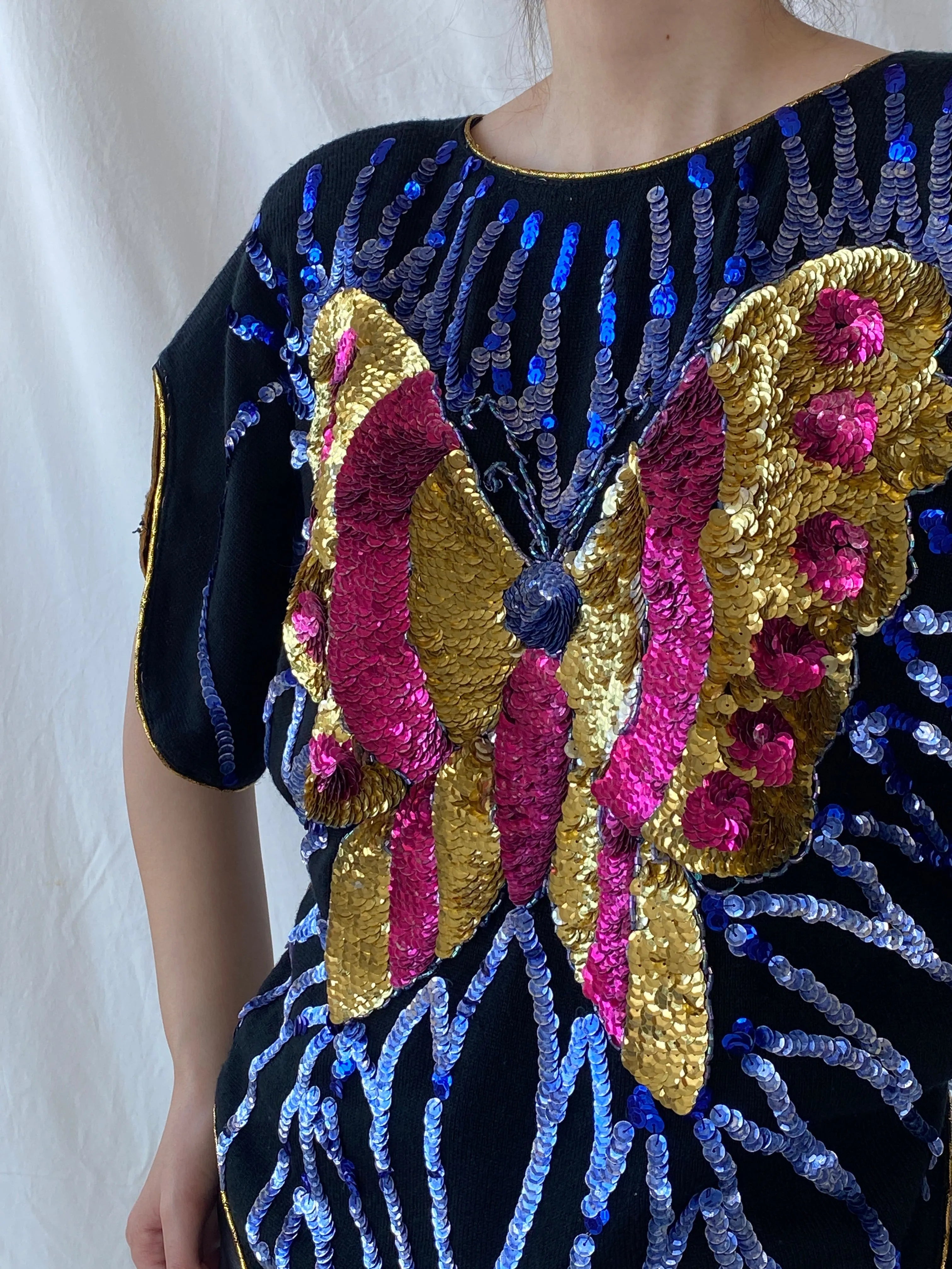 Vintage Y2K Alzouhour Sequined Butterfly Black Top - M - Balagan Vintage Half Sleeve Top 00s, Ayah, shimmer, Top, women top