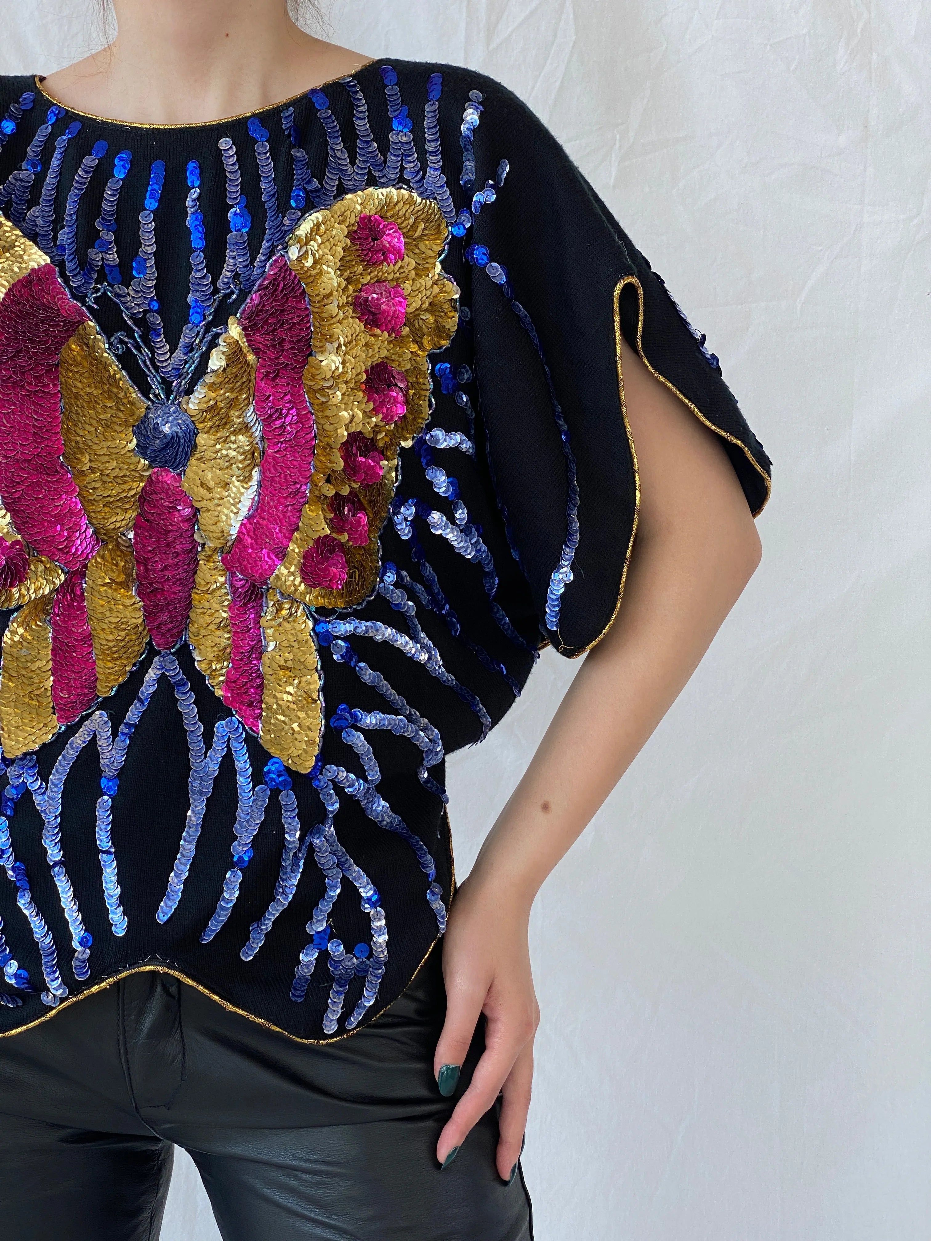 Vintage Y2K Alzouhour Sequined Butterfly Black Top - M - Balagan Vintage Half Sleeve Top 00s, Ayah, shimmer, Top, women top