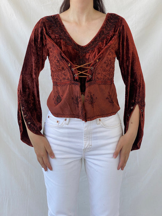 Vintage Y2K BÃRES Witchy Corset Blouse Velvet Full Sleeve Vampy Top - M - Balagan Vintage Full Sleeve Top 00s, Ayah, NEW IN, summer, velvet, velvet top, women top