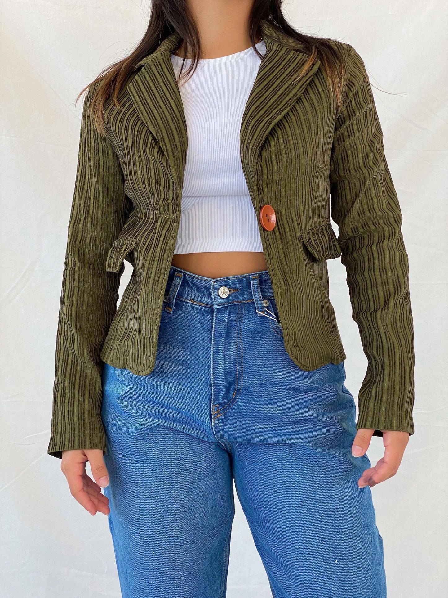 Vintage Y2K BAŞAK Collection Green Corduroy Blazer - M - Balagan Vintage Blazer 90s, blazer, Coats&Jackets, corduroy blazer, full sleeve blazer, Lana, striped, vintage blazer, Women's Blazers