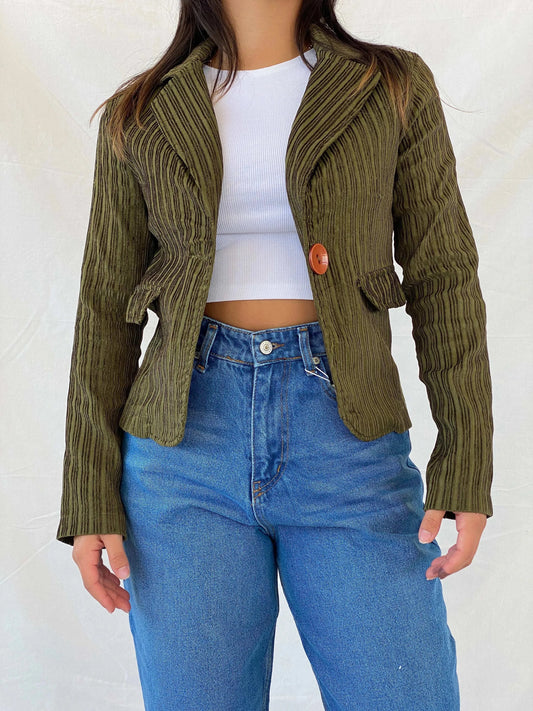 Vintage Y2K BAŞAK Collection Green Corduroy Blazer - M - Balagan Vintage Blazer 90s, blazer, Coats&Jackets, corduroy blazer, full sleeve blazer, Lana, striped, vintage blazer, Women's Blazers