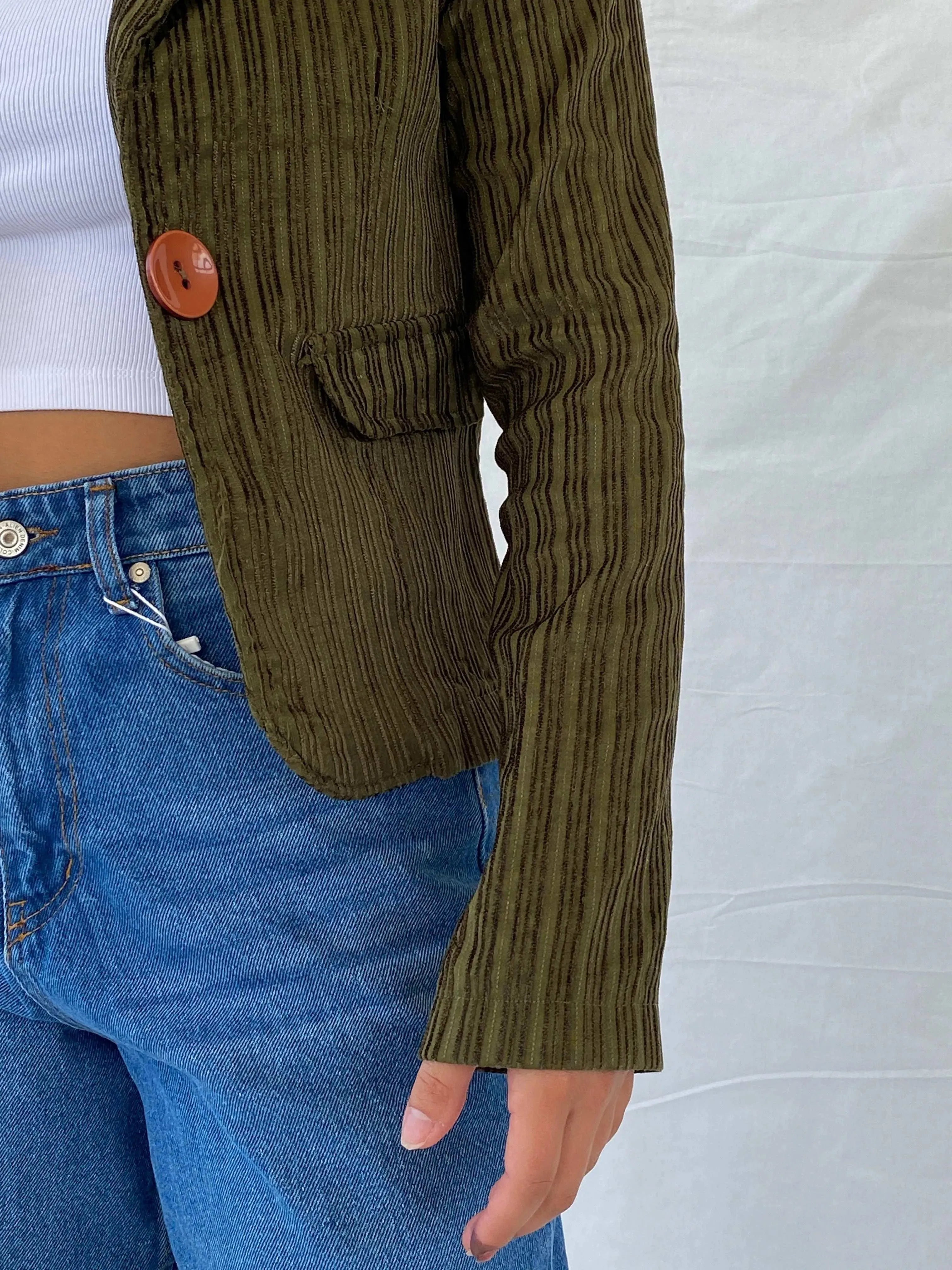 Vintage Y2K BAŞAK Collection Green Corduroy Blazer - M - Balagan Vintage Blazer 90s, blazer, Coats&Jackets, corduroy blazer, full sleeve blazer, Lana, striped, vintage blazer, Women's Blazers