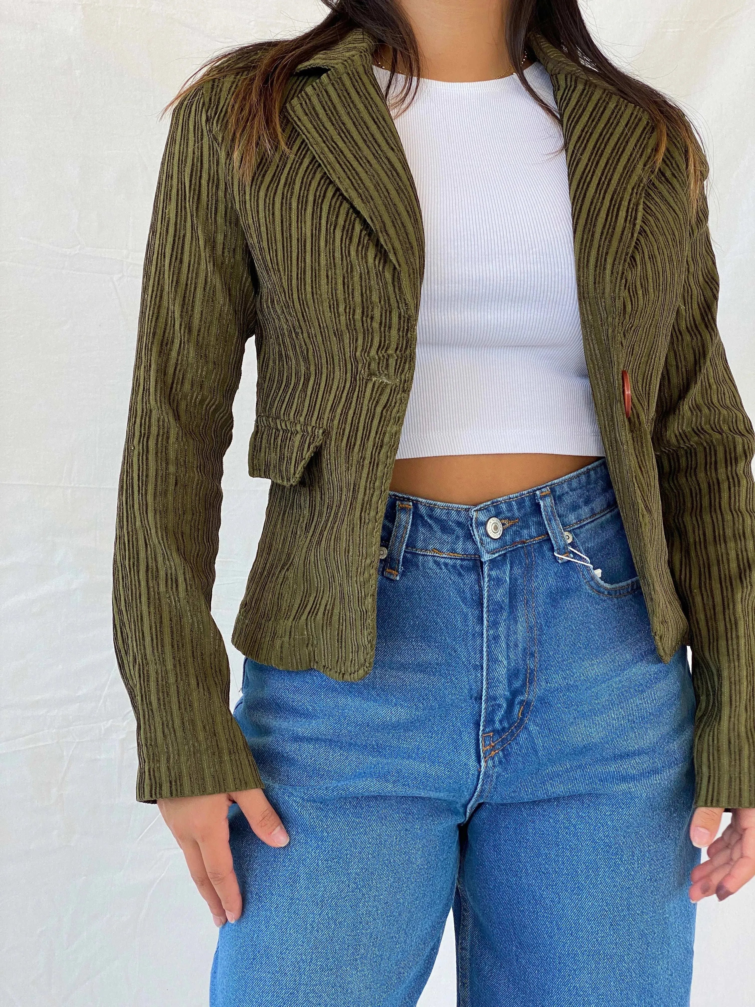 Vintage Y2K BAŞAK Collection Green Corduroy Blazer - M - Balagan Vintage Blazer 90s, blazer, Coats&Jackets, corduroy blazer, full sleeve blazer, Lana, striped, vintage blazer, Women's Blazers