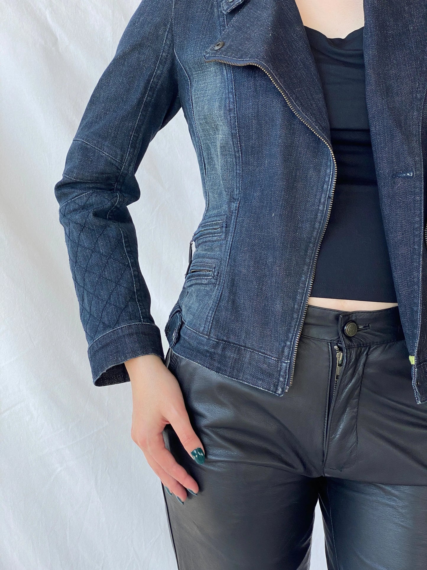 Vintage Y2K Betty Barclay Biker Zipper Denim Jacket With Quilted Detailing - M - Balagan Vintage Denim Jacket 00s, Ayah, Coats&Jackets, consignment, denim, denim jacket, Janan