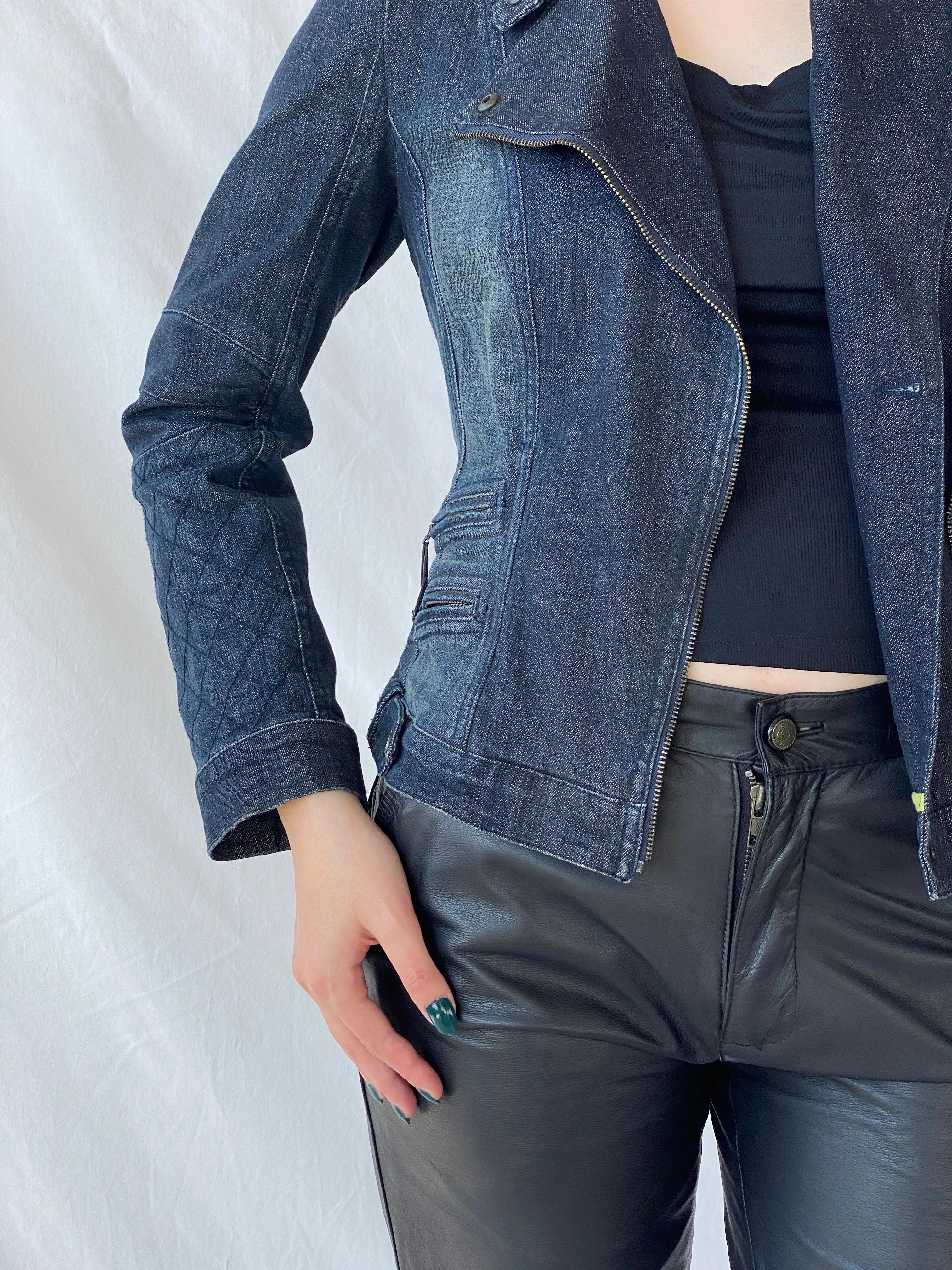 Vintage Y2K Betty Barclay Biker Zipper Denim Jacket With Quilted Detailing - M - Balagan Vintage Denim Jacket 00s, Ayah, Coats&Jackets, consignment, denim, denim jacket, Janan