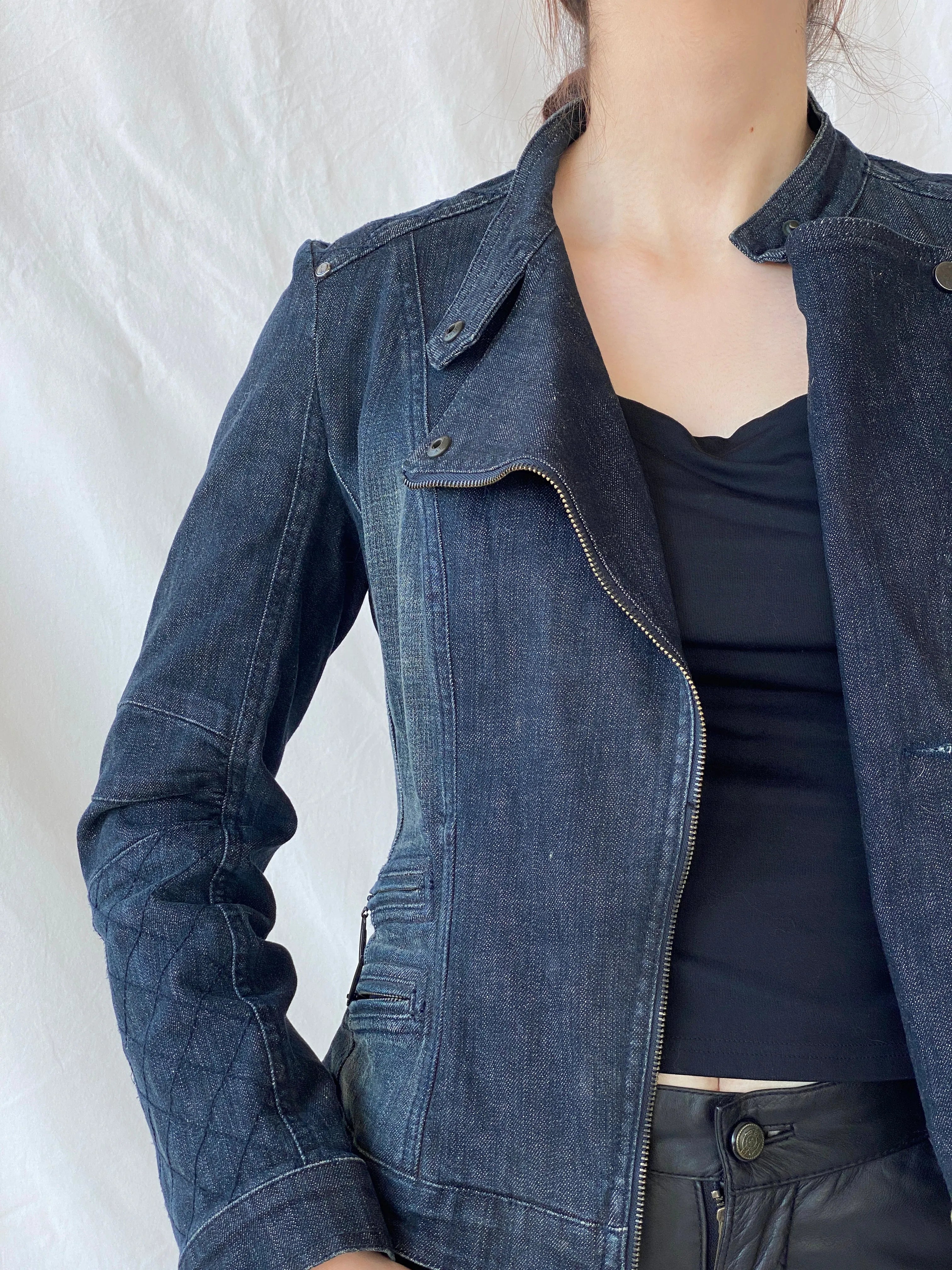 Vintage Y2K Betty Barclay Biker Zipper Denim Jacket With Quilted Detailing - M - Balagan Vintage Denim Jacket 00s, Ayah, Coats&Jackets, consignment, denim, denim jacket, Janan