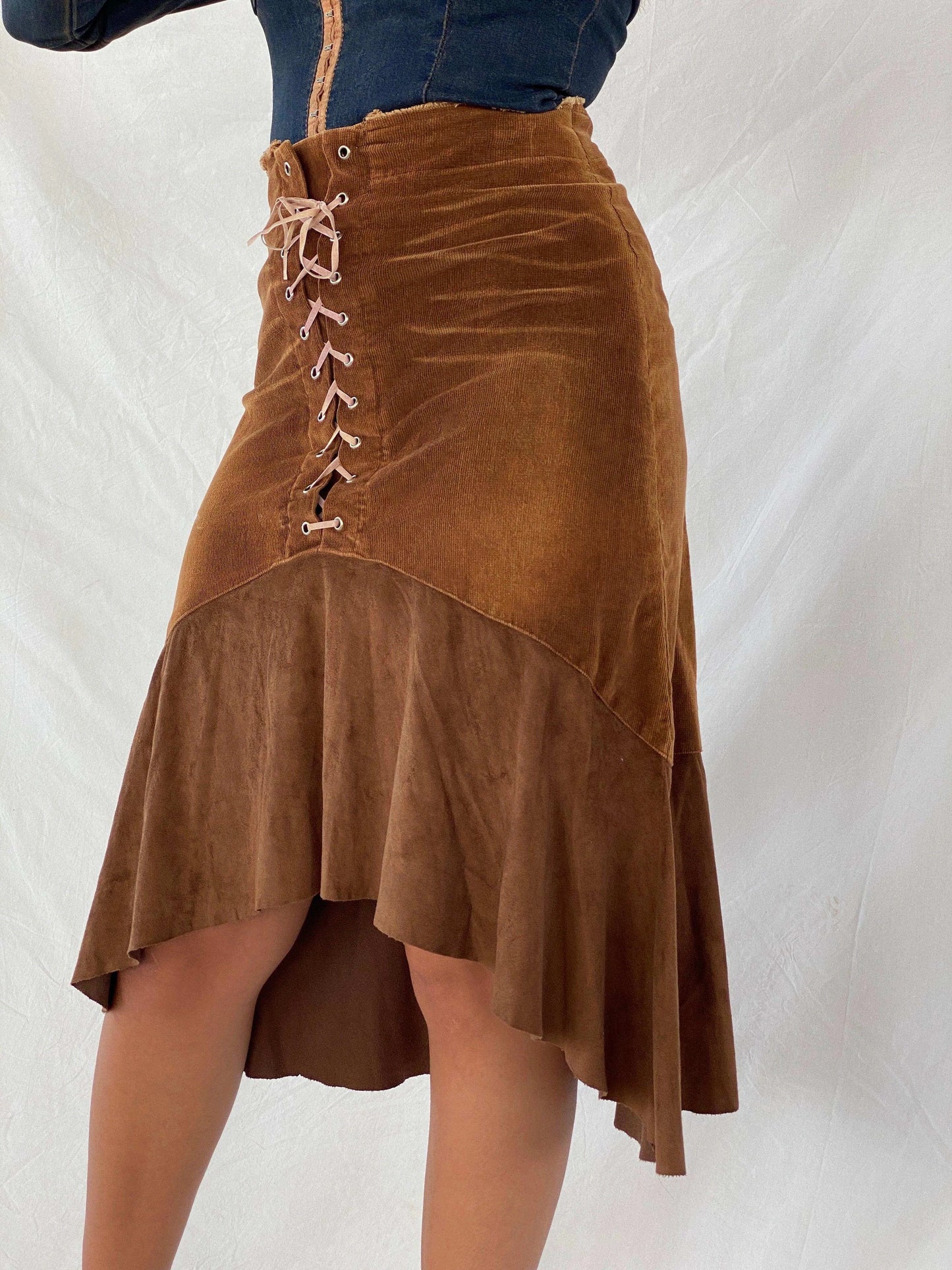 Vintage Y2K Brown Midi Lace Up Skirt - Balagan Vintage Midi Skirt brown, floral skirt, midi skirt, Rama
