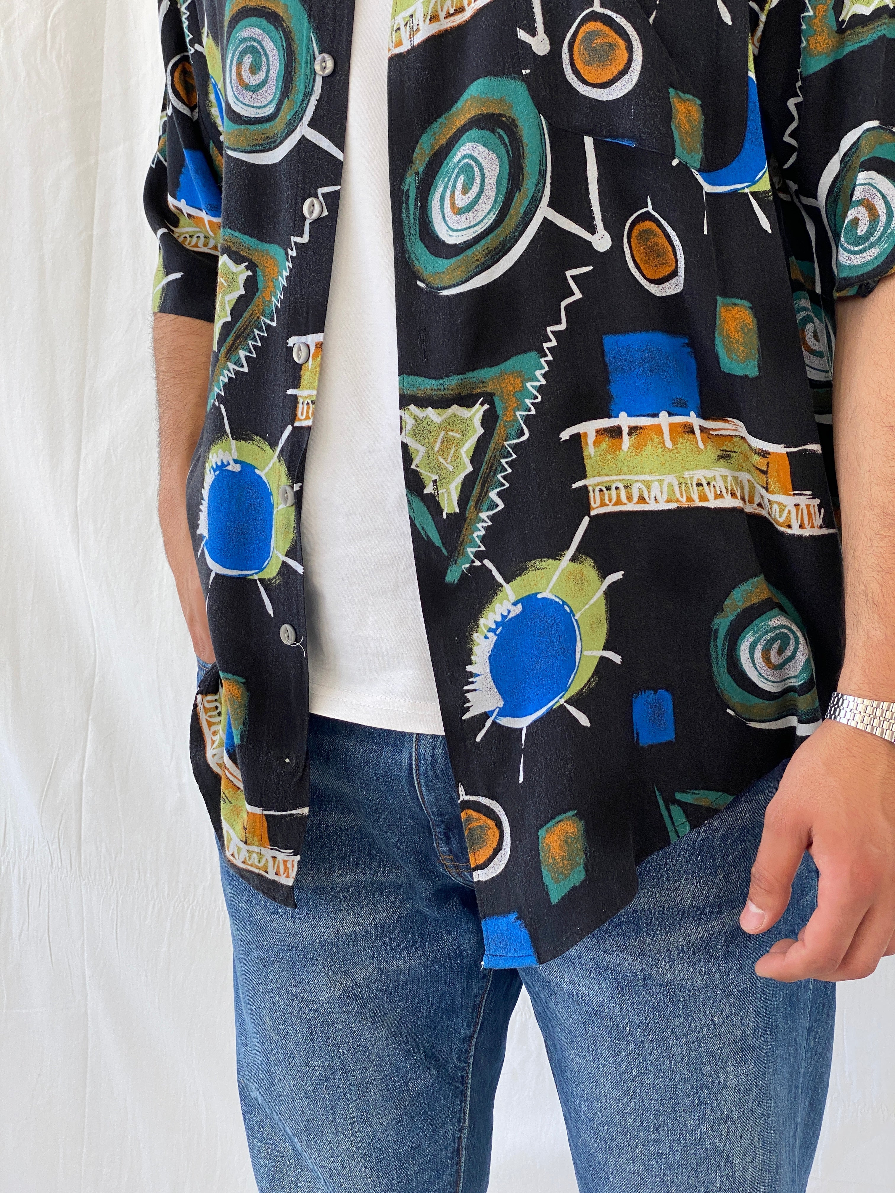 Vintage Y2K Canda Crazy Pattern Short Sleeve Button Up Men’s Shirt - XL - Balagan Vintage Half Sleeve Shirt 90s, half sleeve shirt, mens shirt, multicolored, printed shirt, Ramez