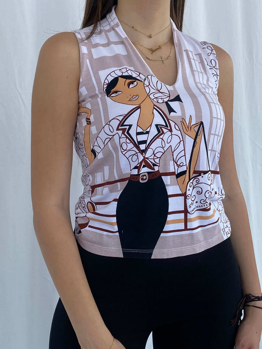 Vintage Y2K Chemindefer Printed Sleeveless Top - Size L - Balagan Vintage Sleeveless Top groovy, Juana, sleeveless top, women skirt