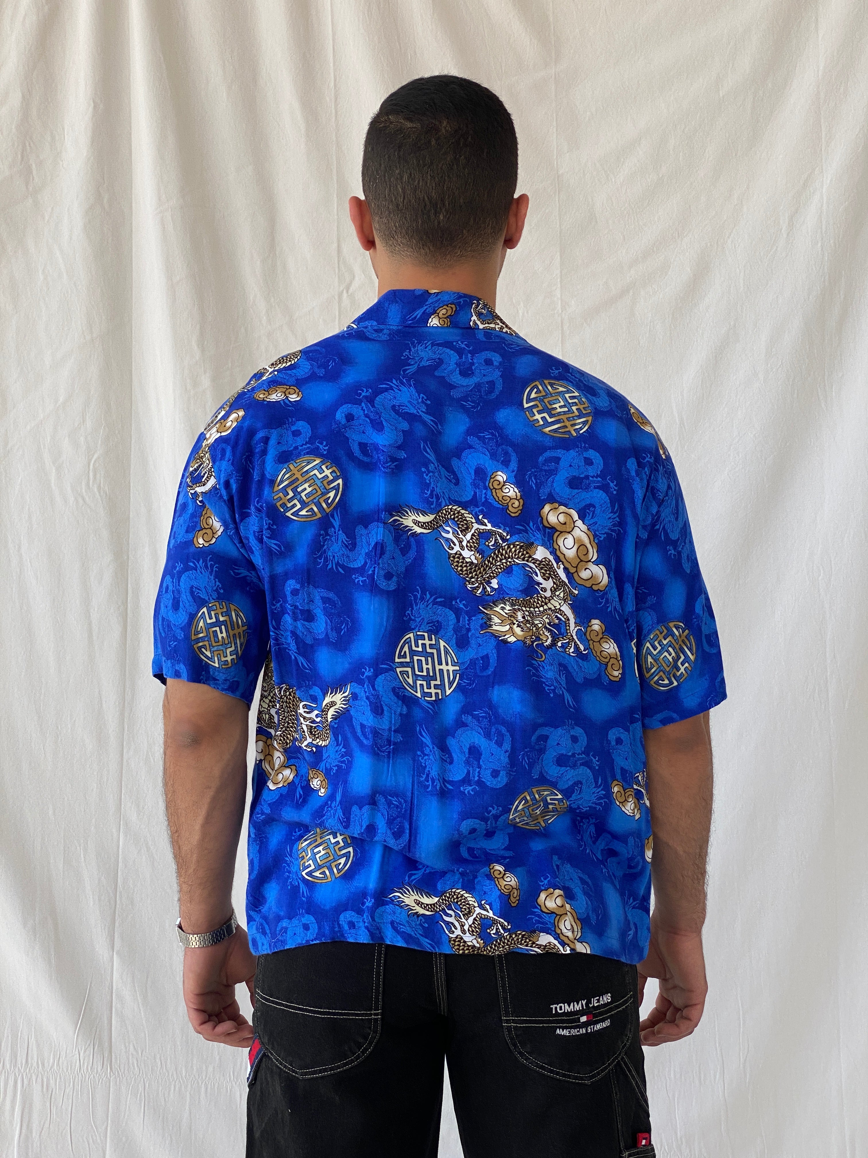 Vintage Y2K Dragon Print Short Sleeve Button Up Men’s Blue Shirt - L - Balagan Vintage Half Sleeve Shirt 90s, half sleeve shirt, Hawaiian shirt, mens shirt, printed shirt, Ramez