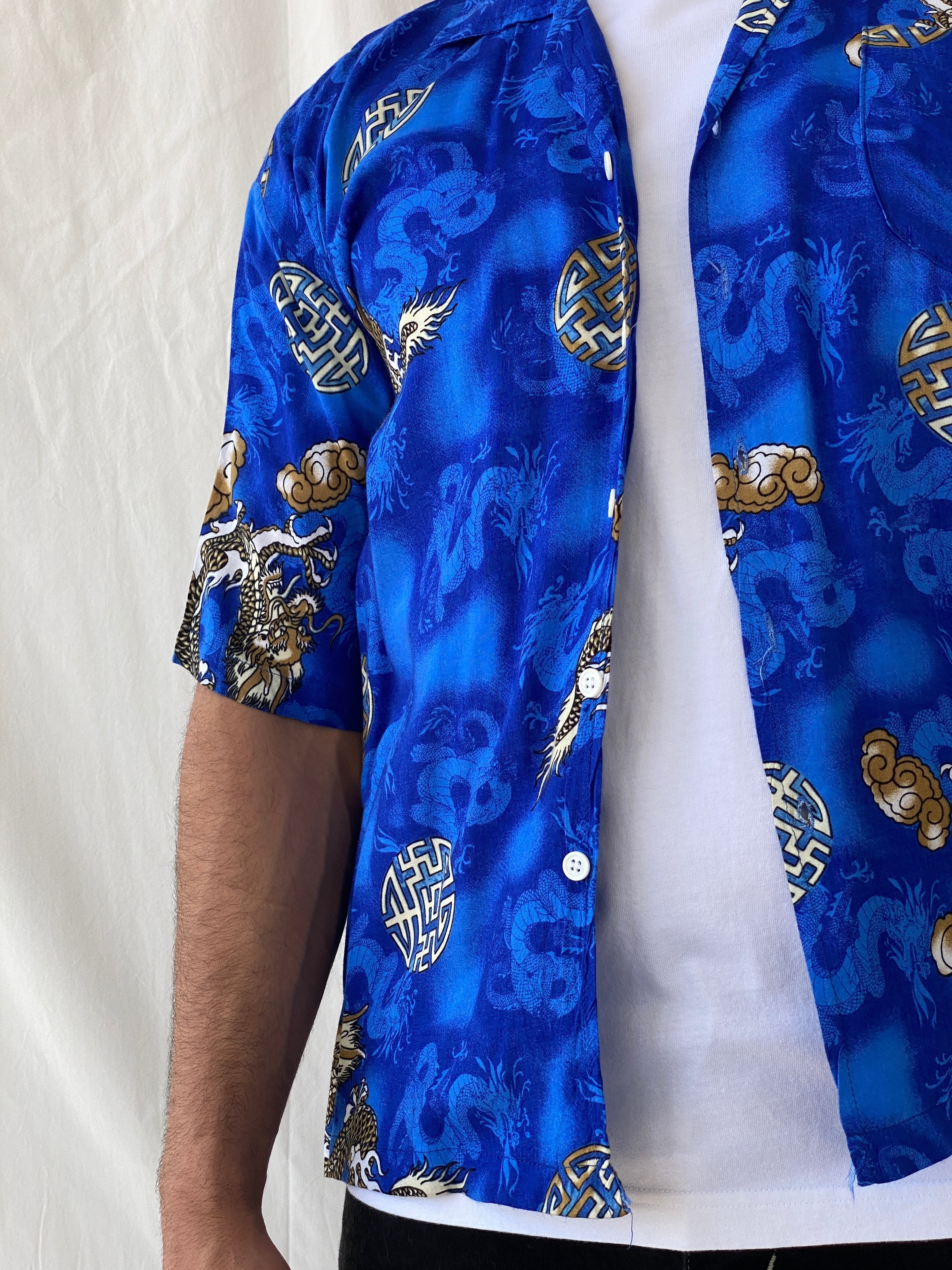 Vintage Y2K Dragon Print Short Sleeve Button Up Men’s Blue Shirt - L - Balagan Vintage Half Sleeve Shirt 90s, half sleeve shirt, Hawaiian shirt, mens shirt, printed shirt, Ramez