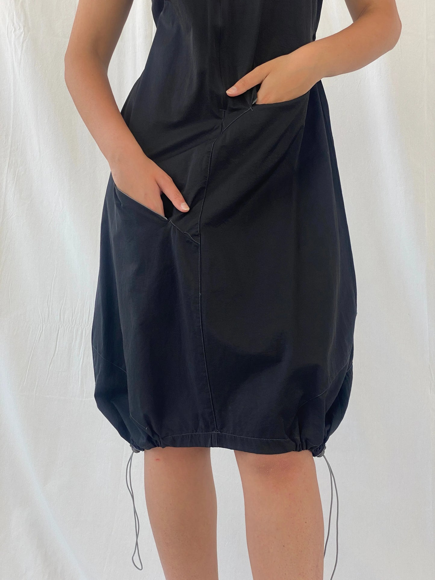 Vintage Y2K Futuristic Tunic Tafetta Whimsygoth Black Drawstring Midi Dress - L - Balagan Vintage Midi Dress 00s, 00s dress, Celine, dress, midi dress, Y2K dress