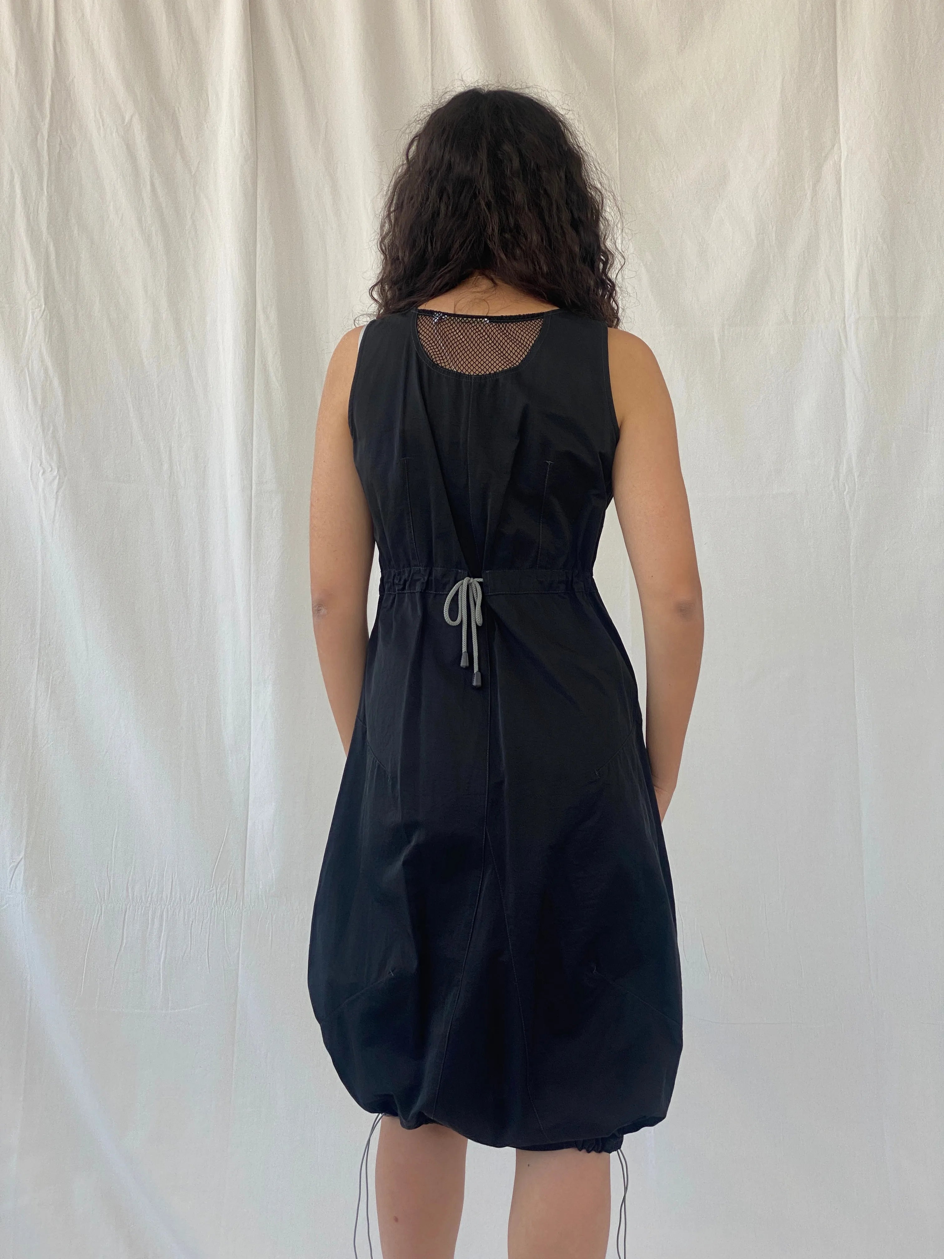 Vintage Y2K Futuristic Tunic Tafetta Whimsygoth Black Drawstring Midi Dress - L - Balagan Vintage Midi Dress 00s, 00s dress, Celine, dress, midi dress, Y2K dress