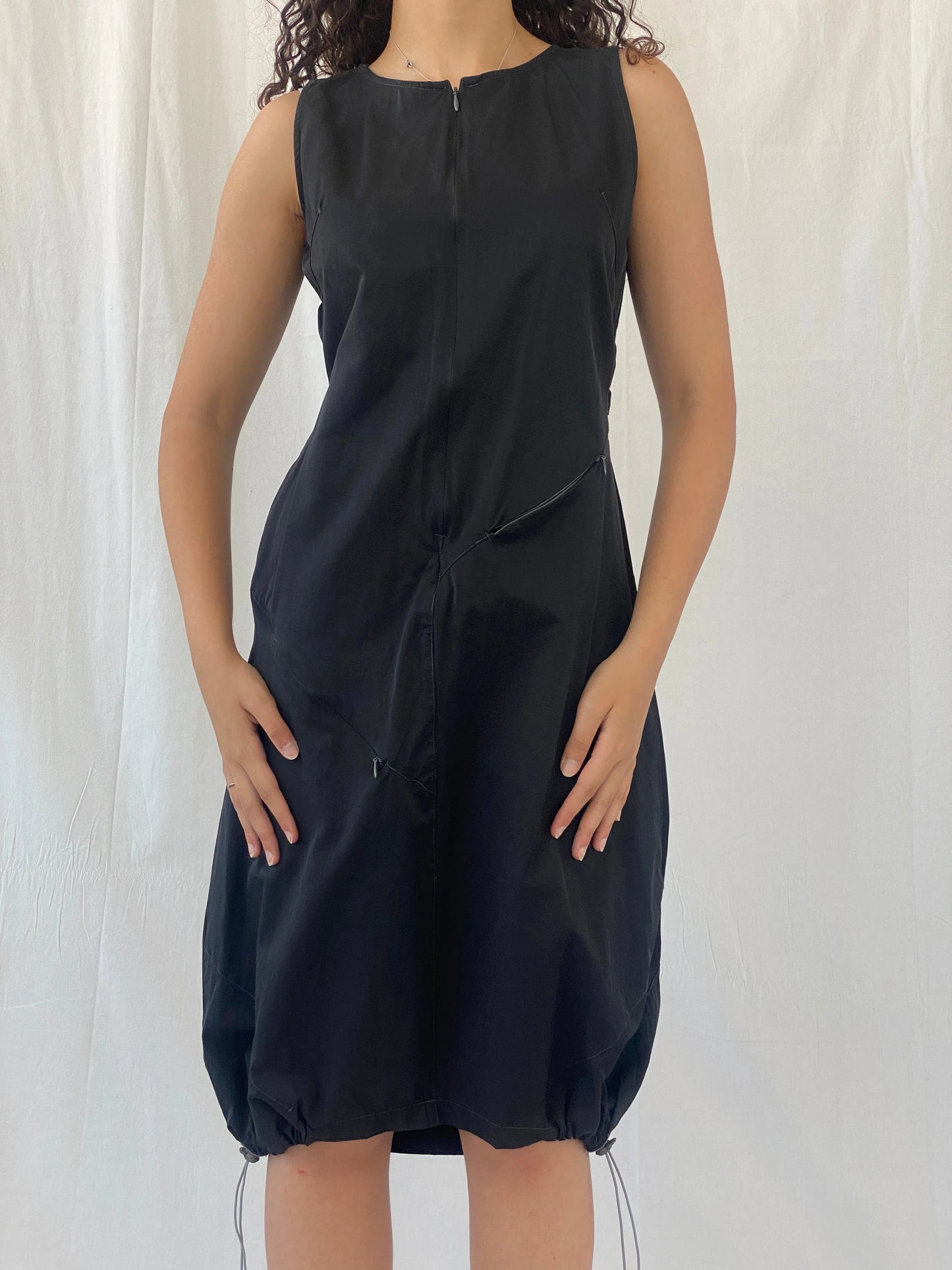 Vintage Y2K Futuristic Tunic Tafetta Whimsygoth Black Drawstring Midi Dress - L - Balagan Vintage Midi Dress 00s, 00s dress, Celine, dress, midi dress, Y2K dress