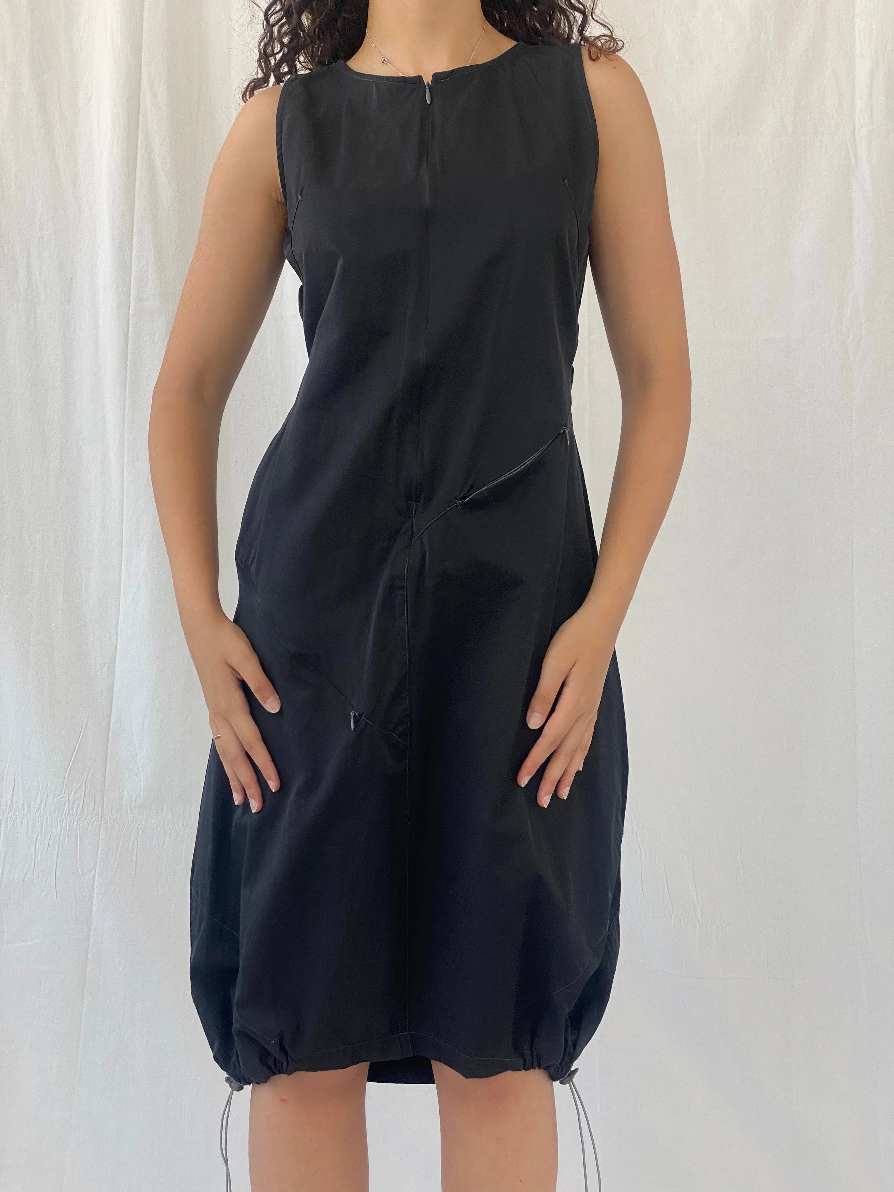Vintage Y2K Futuristic Tunic Tafetta Whimsygoth Black Drawstring Midi Dress - L - Balagan Vintage Midi Dress 00s, 00s dress, Celine, dress, midi dress, Y2K dress