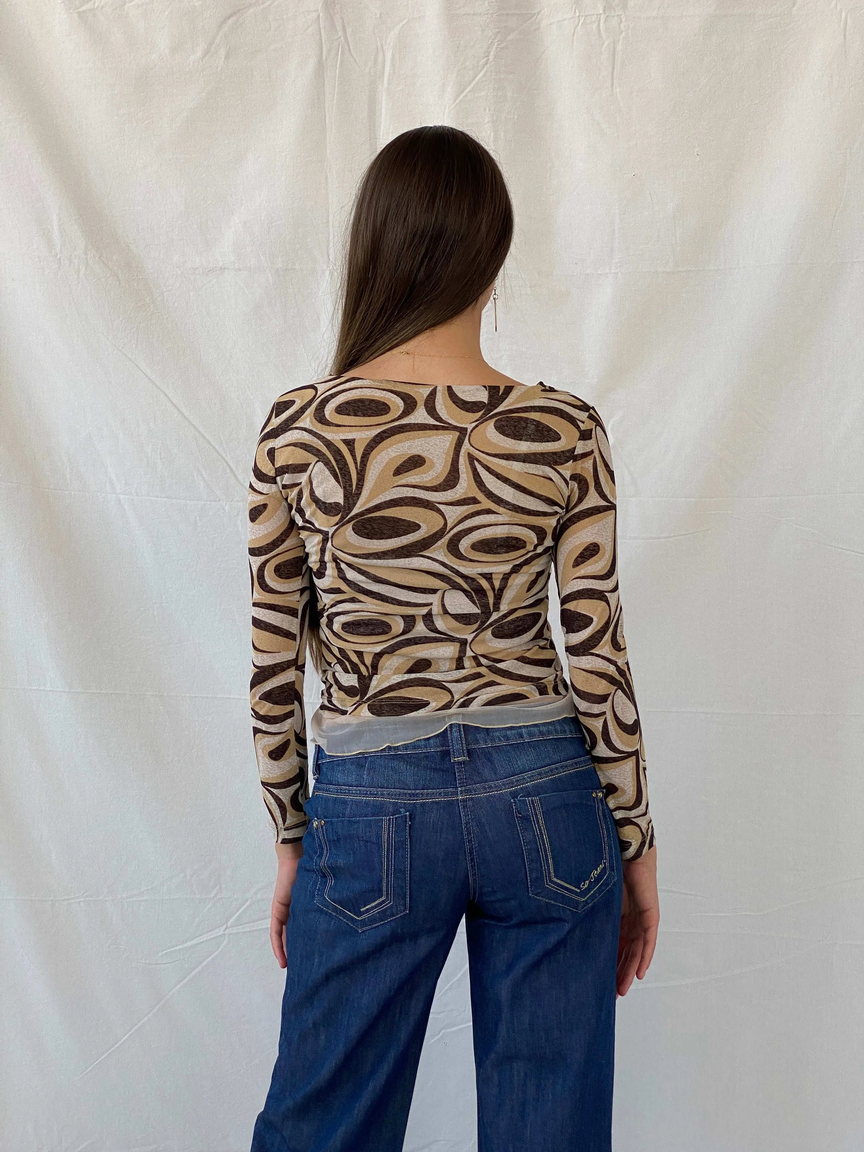 Vintage Y2K Groovy Print Full Sleeve Mesh Top - S - Balagan Vintage Full Sleeve Top 00s, 90s, Mira, winter, women top