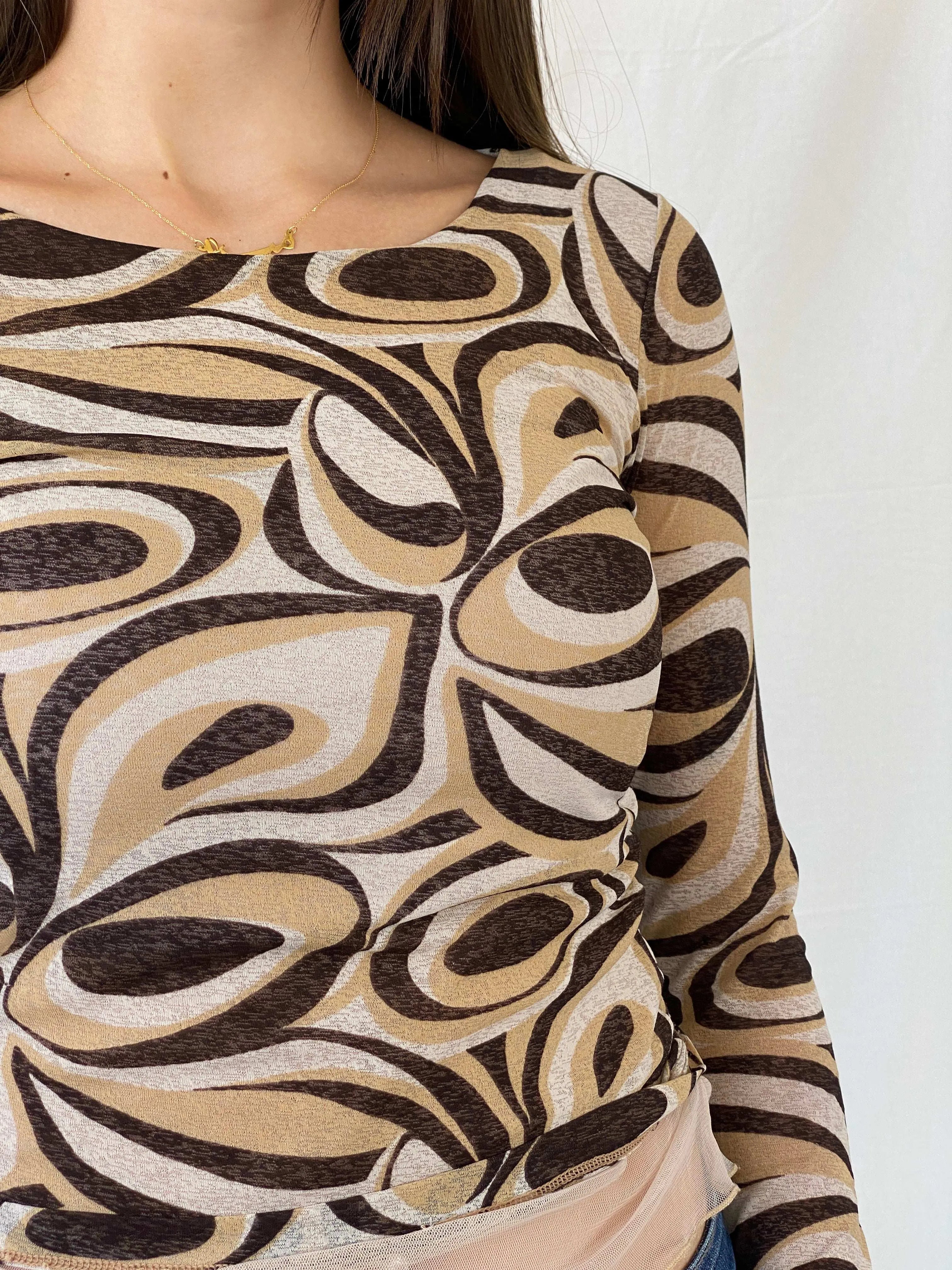 Vintage Y2K Groovy Print Full Sleeve Mesh Top - S - Balagan Vintage Full Sleeve Top 00s, 90s, Mira, winter, women top