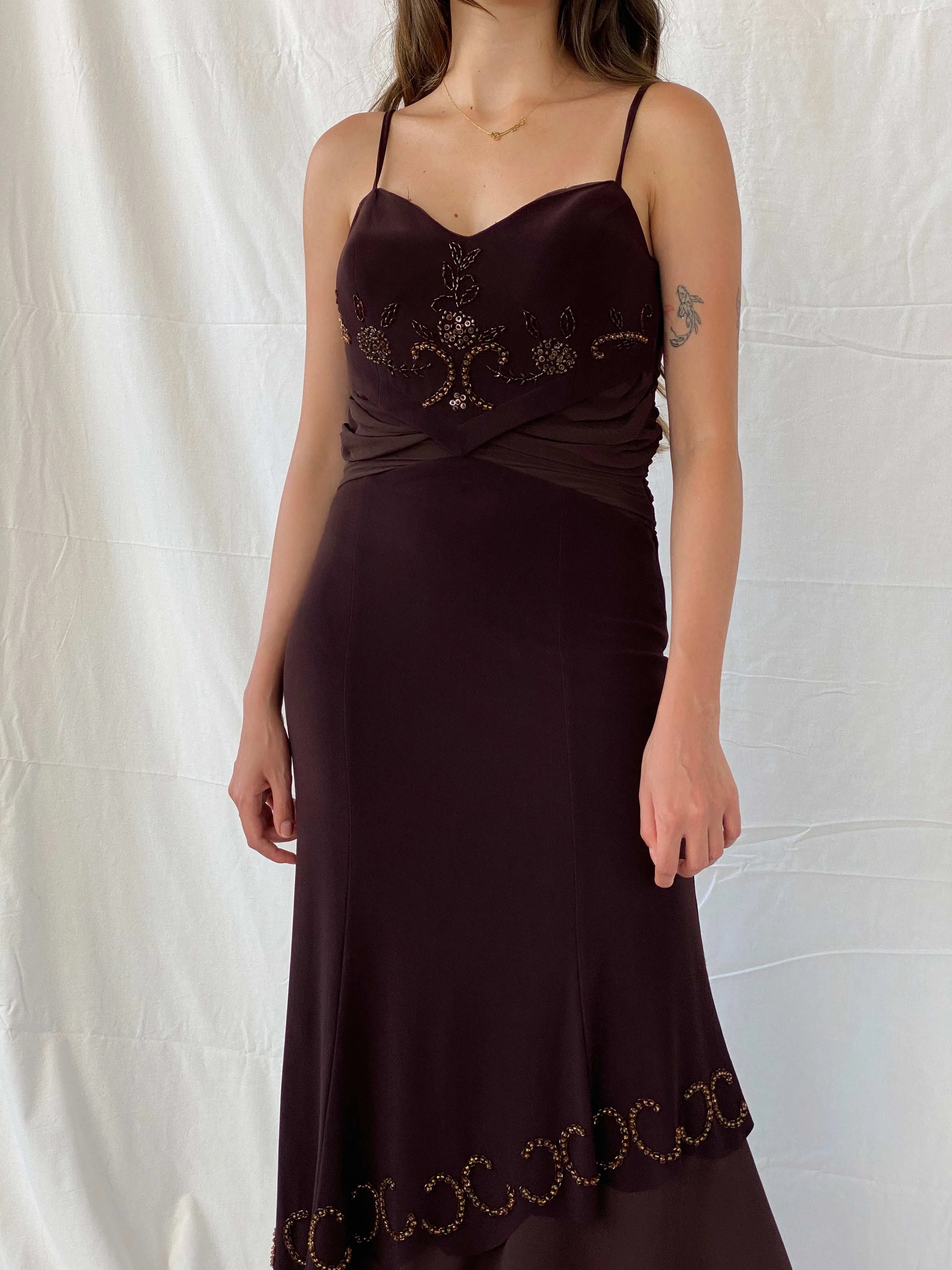 Vintage Y2K Günbeyi Brown Beaded Wedding Guest Maxi Dress - M - Balagan Vintage Maxi Dress 00s, 90s, Deals, formal gown, gown, maxi dress, Mira, Wedding Guest