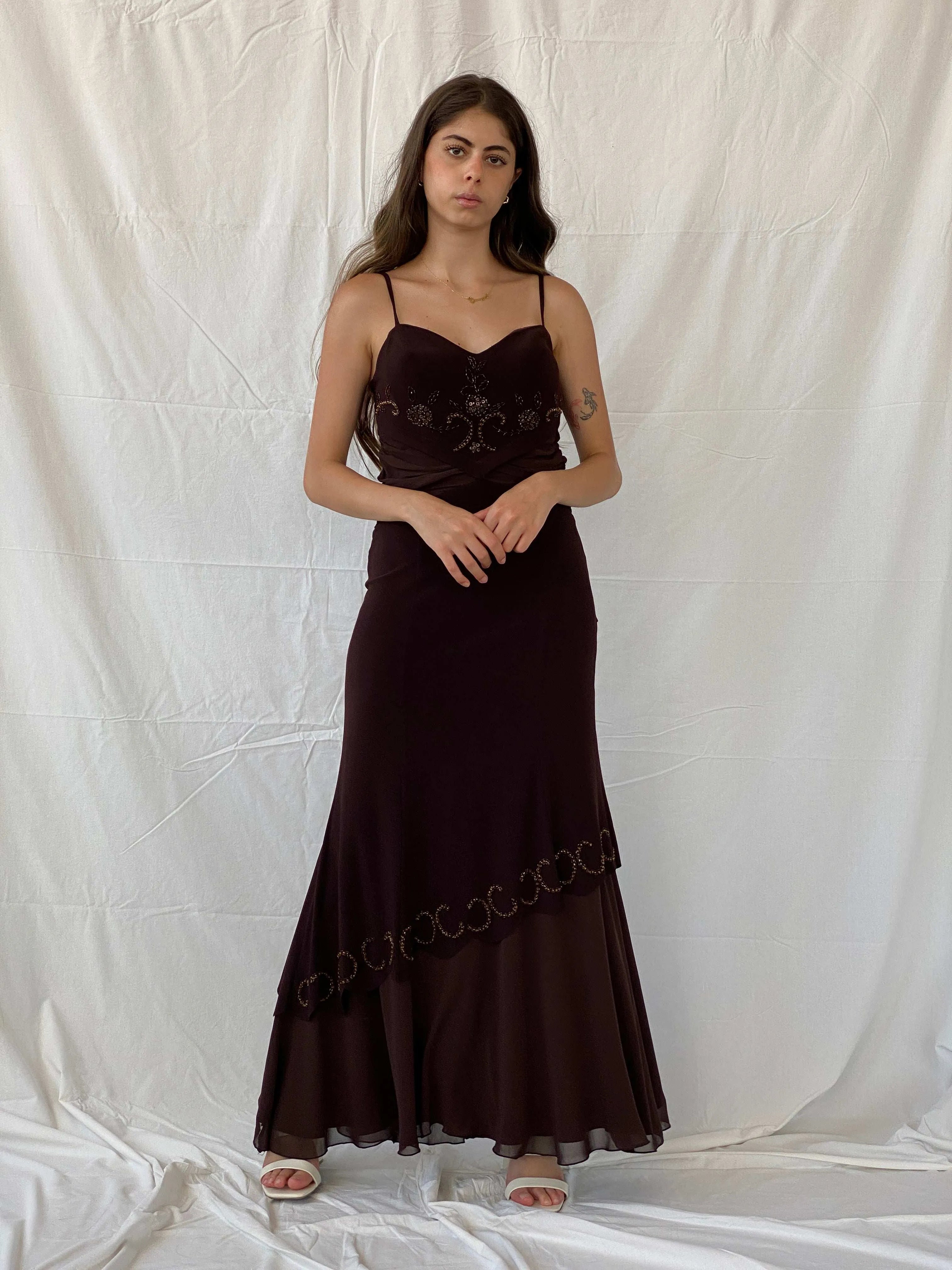 Vintage Y2K Günbeyi Brown Beaded Wedding Guest Maxi Dress - M - Balagan Vintage Maxi Dress 00s, 90s, Deals, formal gown, gown, maxi dress, Mira, Wedding Guest