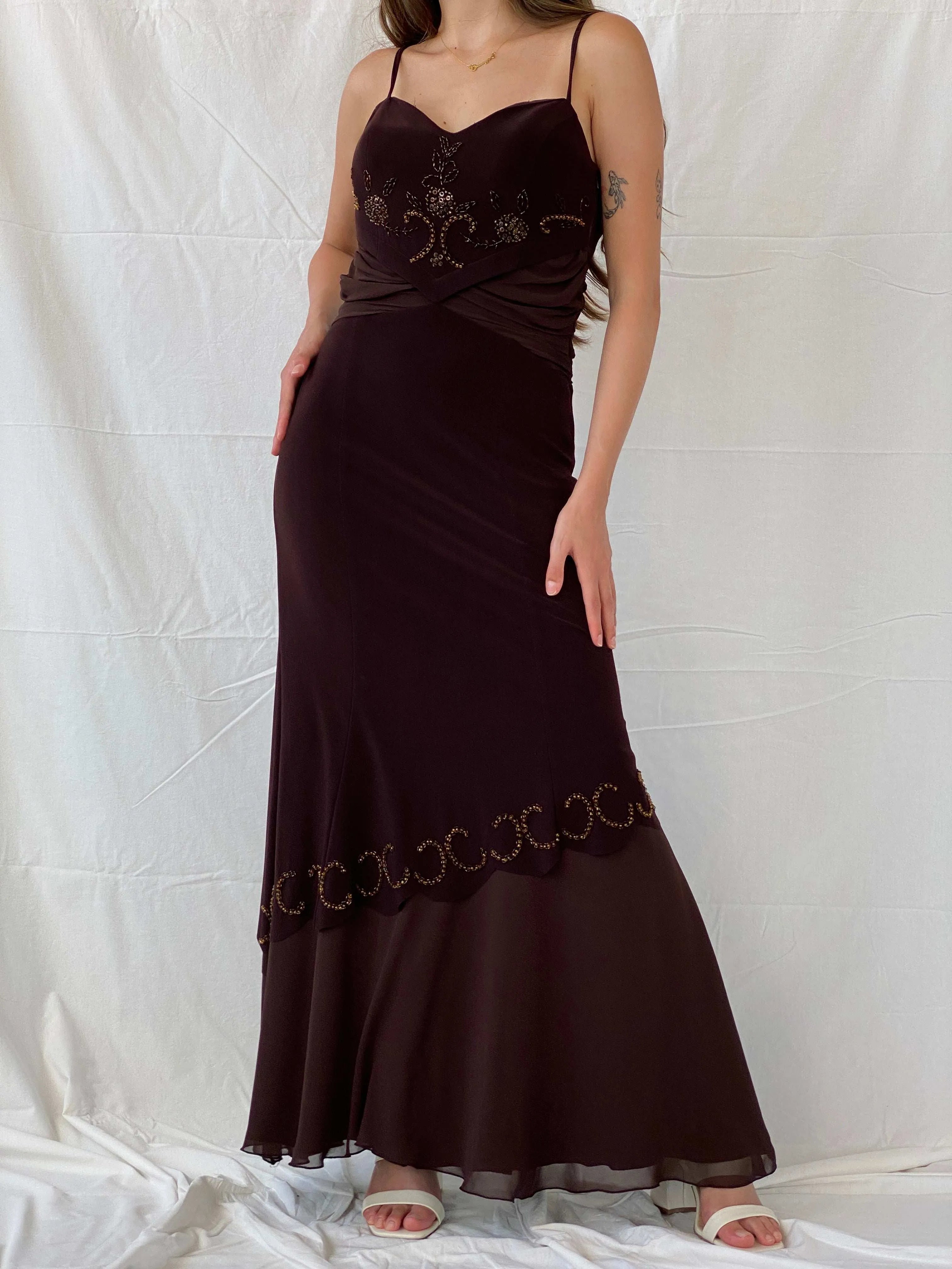 Vintage Y2K Günbeyi Brown Beaded Wedding Guest Maxi Dress - M - Balagan Vintage Maxi Dress 00s, 90s, Deals, formal gown, gown, maxi dress, Mira, Wedding Guest