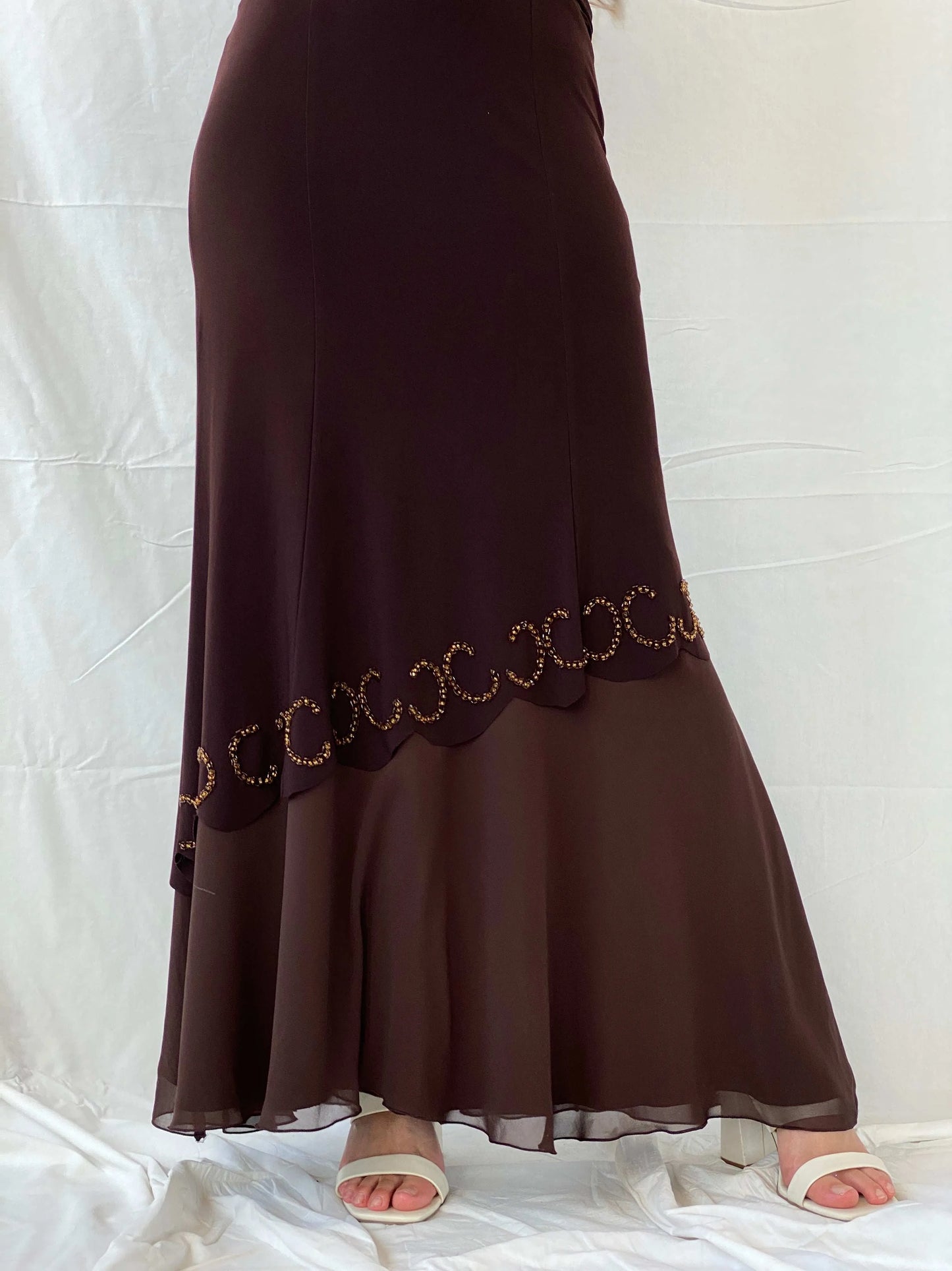 Vintage Y2K Günbeyi Brown Beaded Wedding Guest Maxi Dress - M - Balagan Vintage Maxi Dress 00s, 90s, Deals, formal gown, gown, maxi dress, Mira, Wedding Guest