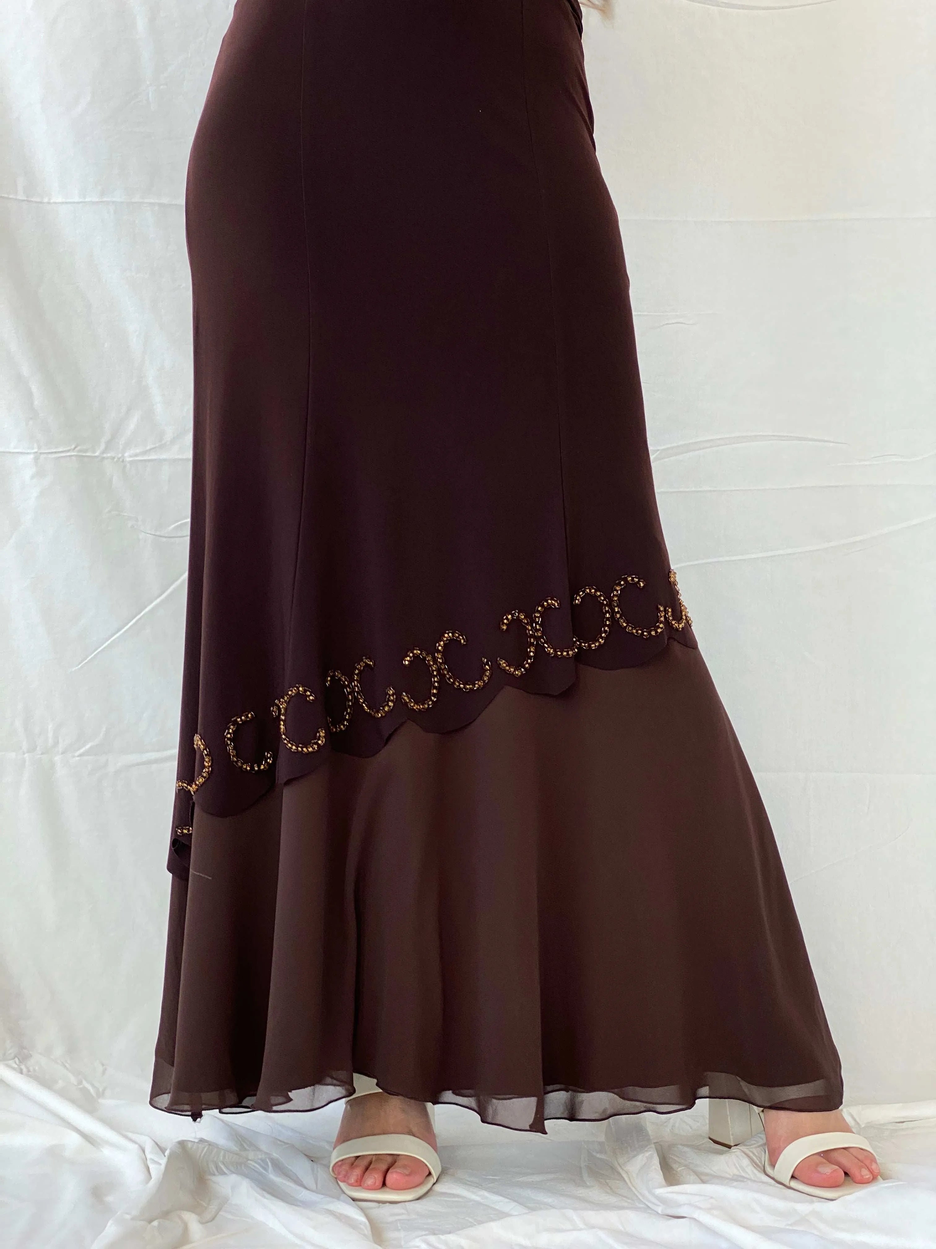 Vintage Y2K Günbeyi Brown Beaded Wedding Guest Maxi Dress - M - Balagan Vintage Maxi Dress 00s, 90s, Deals, formal gown, gown, maxi dress, Mira, Wedding Guest