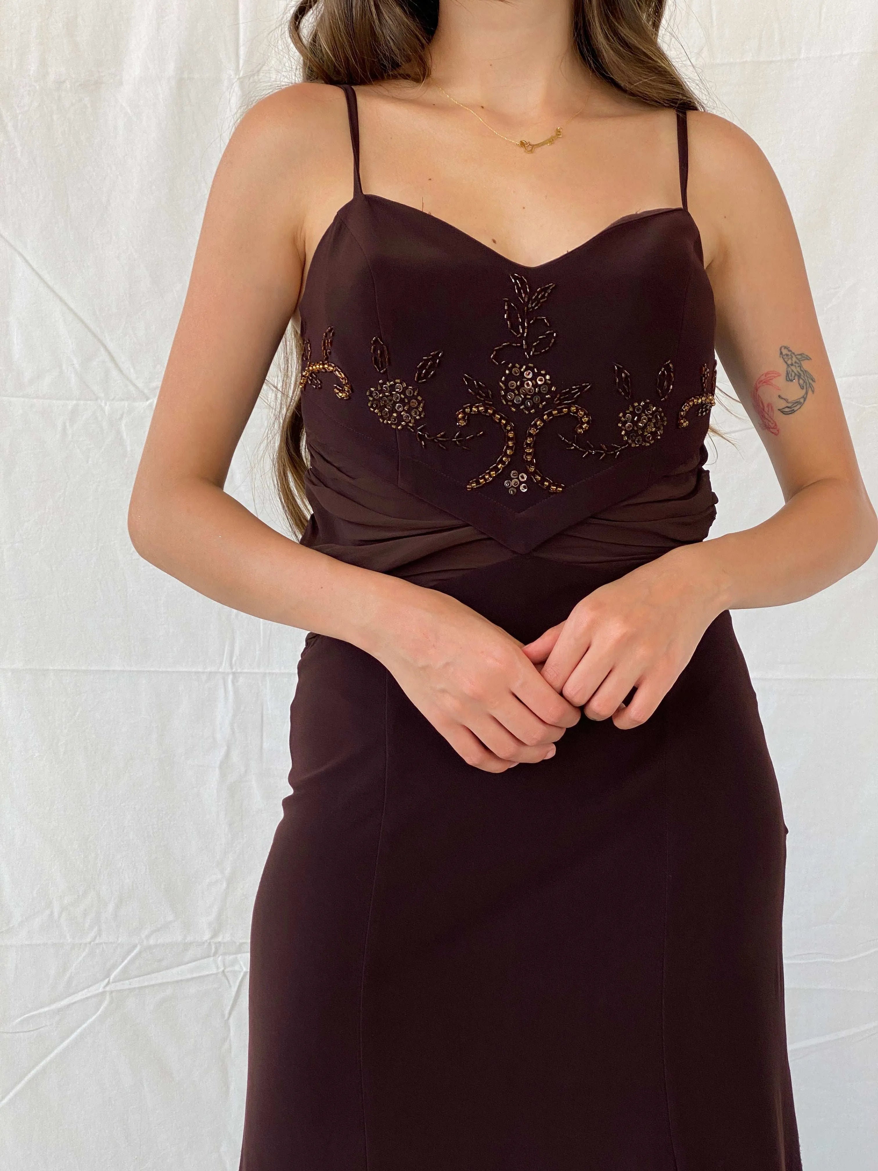 Vintage Y2K Günbeyi Brown Beaded Wedding Guest Maxi Dress - M - Balagan Vintage Maxi Dress 00s, 90s, Deals, formal gown, gown, maxi dress, Mira, Wedding Guest