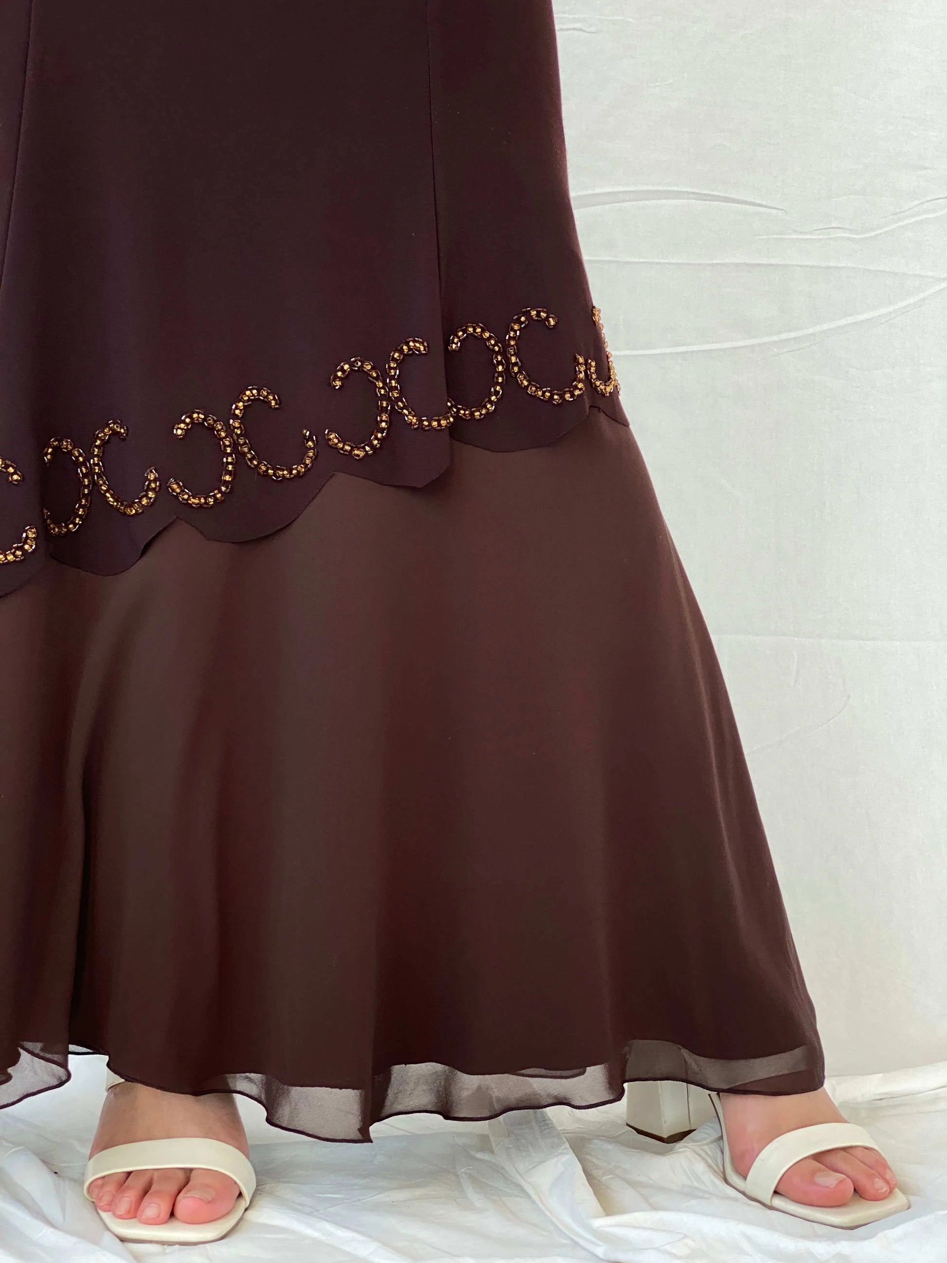 Vintage Y2K Günbeyi Brown Beaded Wedding Guest Maxi Dress - M - Balagan Vintage Maxi Dress 00s, 90s, Deals, formal gown, gown, maxi dress, Mira, Wedding Guest