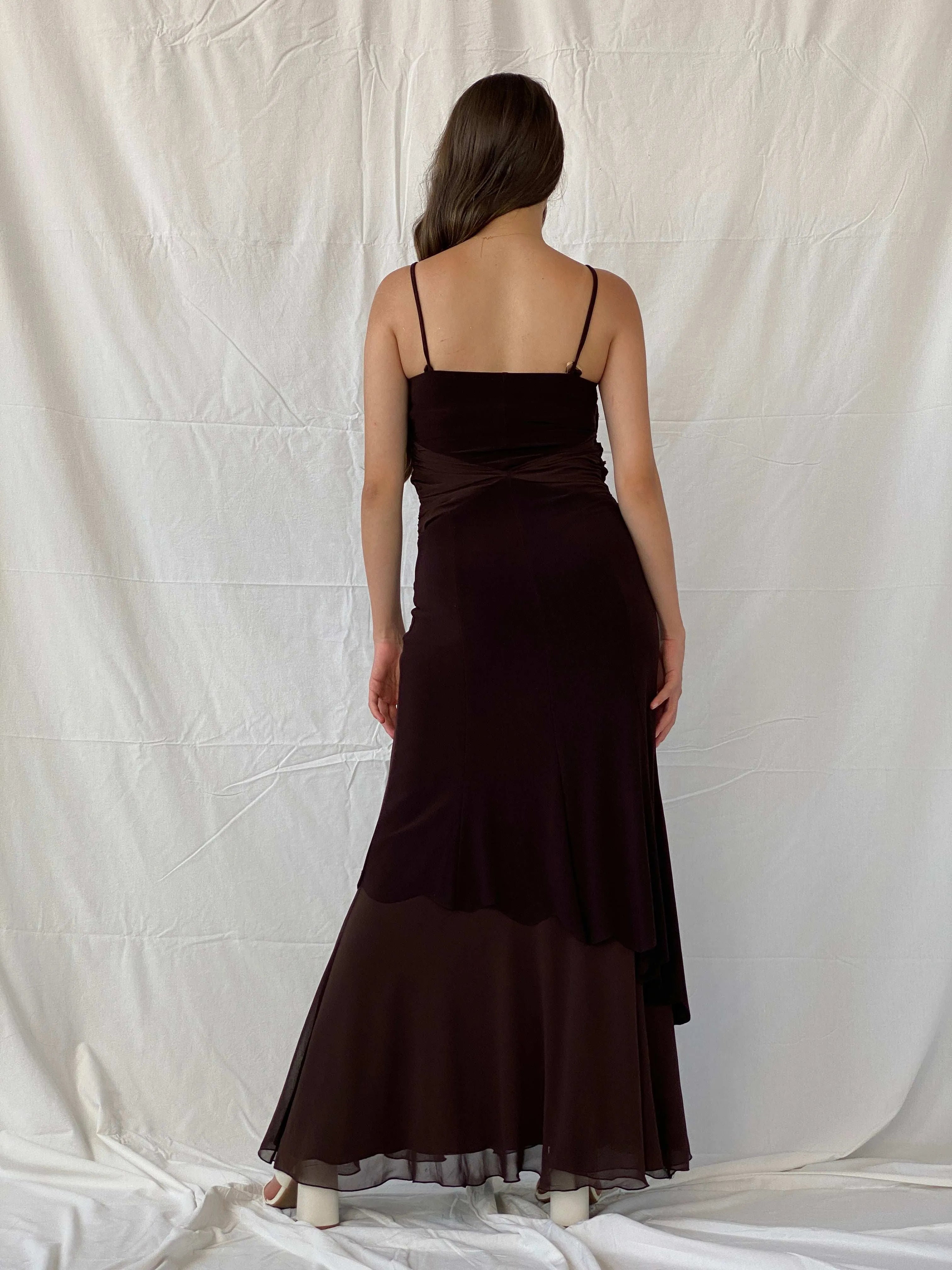 Vintage Y2K Günbeyi Brown Beaded Wedding Guest Maxi Dress - M - Balagan Vintage Maxi Dress 00s, 90s, Deals, formal gown, gown, maxi dress, Mira, Wedding Guest