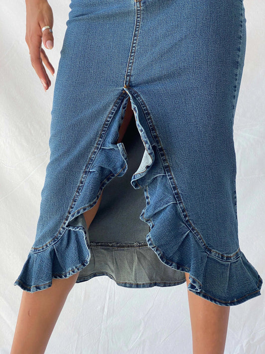 Vintage Y2K Jennyfer Ruffled Hem Midi Denim Skirt - XS - Balagan Vintage Midi Skirt 90s, Deals, denim, denim skirt, midi skirt, summer, Tojan