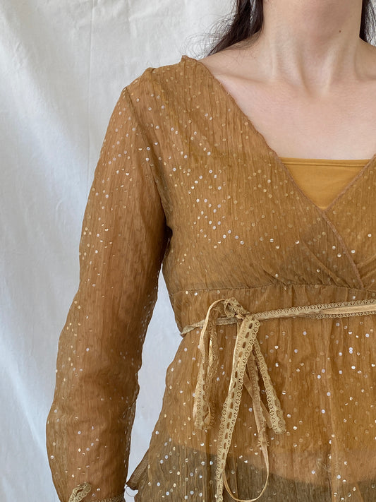 Vintage Y2K Jus D’ Orange Shimmer Fairy Sequin Sheer Bronze Top - M - Balagan Vintage Half Sleeve Top 00s, Ayah, beaded, NEW IN, summer, women top