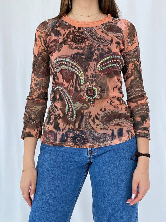 Vintage Y2K JV Selection Australia Printed Mesh Top Size M - Balagan Vintage Full Sleeve Top 00s, 90s, full sleeve top, Juana, mesh top