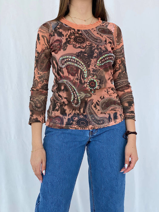 Vintage Y2K JV Selection Australia Printed Mesh Top Size M - Balagan Vintage Full Sleeve Top 00s, 90s, full sleeve top, Juana, mesh top