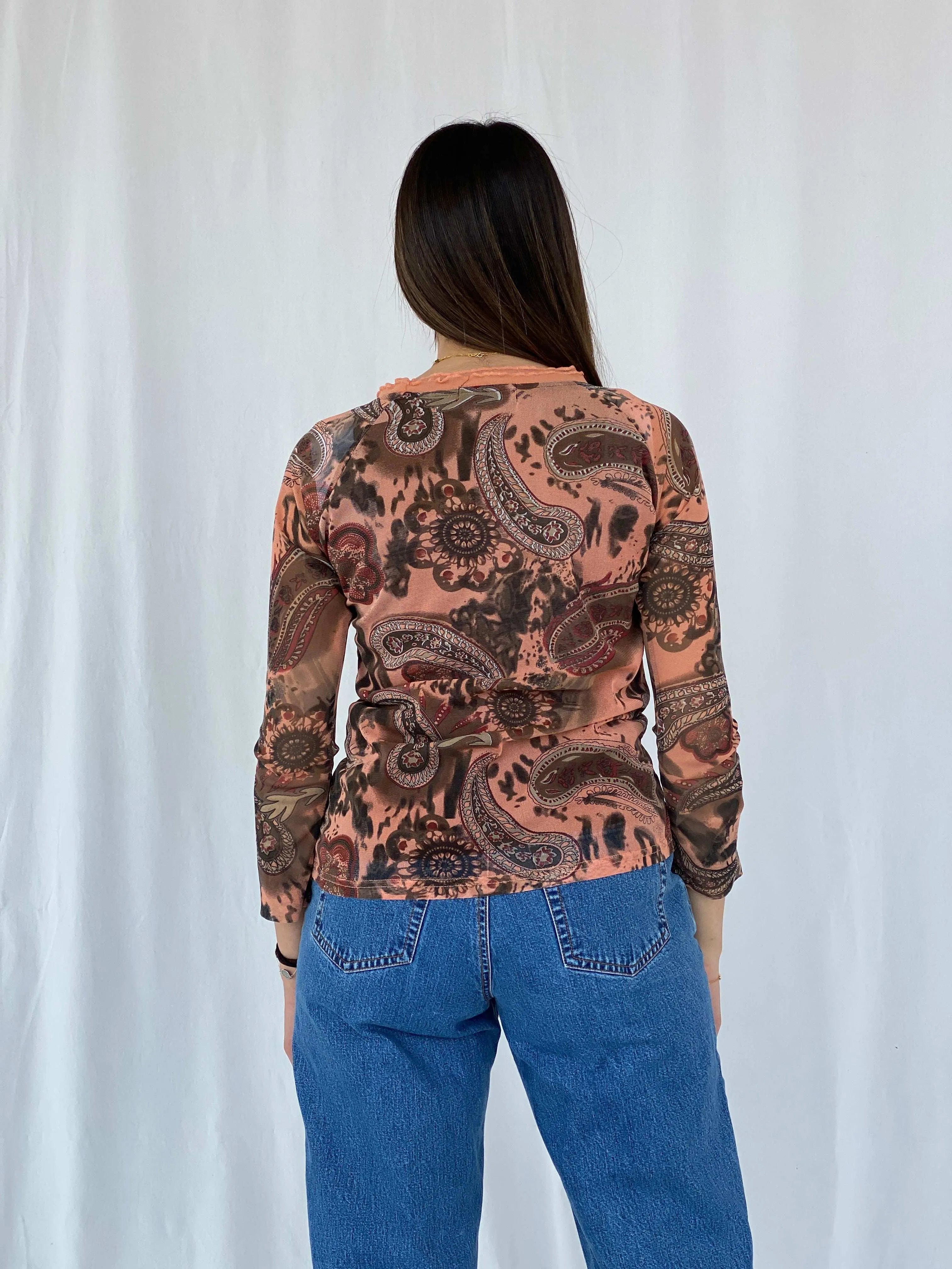 Vintage Y2K JV Selection Australia Printed Mesh Top Size M - Balagan Vintage Full Sleeve Top 00s, 90s, full sleeve top, Juana, mesh top